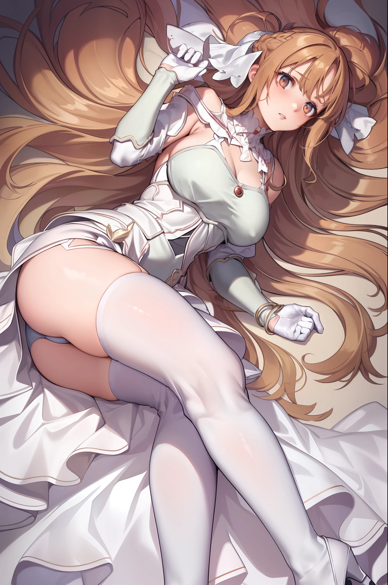 ((masterpiece)), best quality, ultra detailed,(1girl), long hair,beatiful background ,((a dress with white stockings on garters)), breasts, curvy body,lying, looks to the side, worried face,shows the ass,