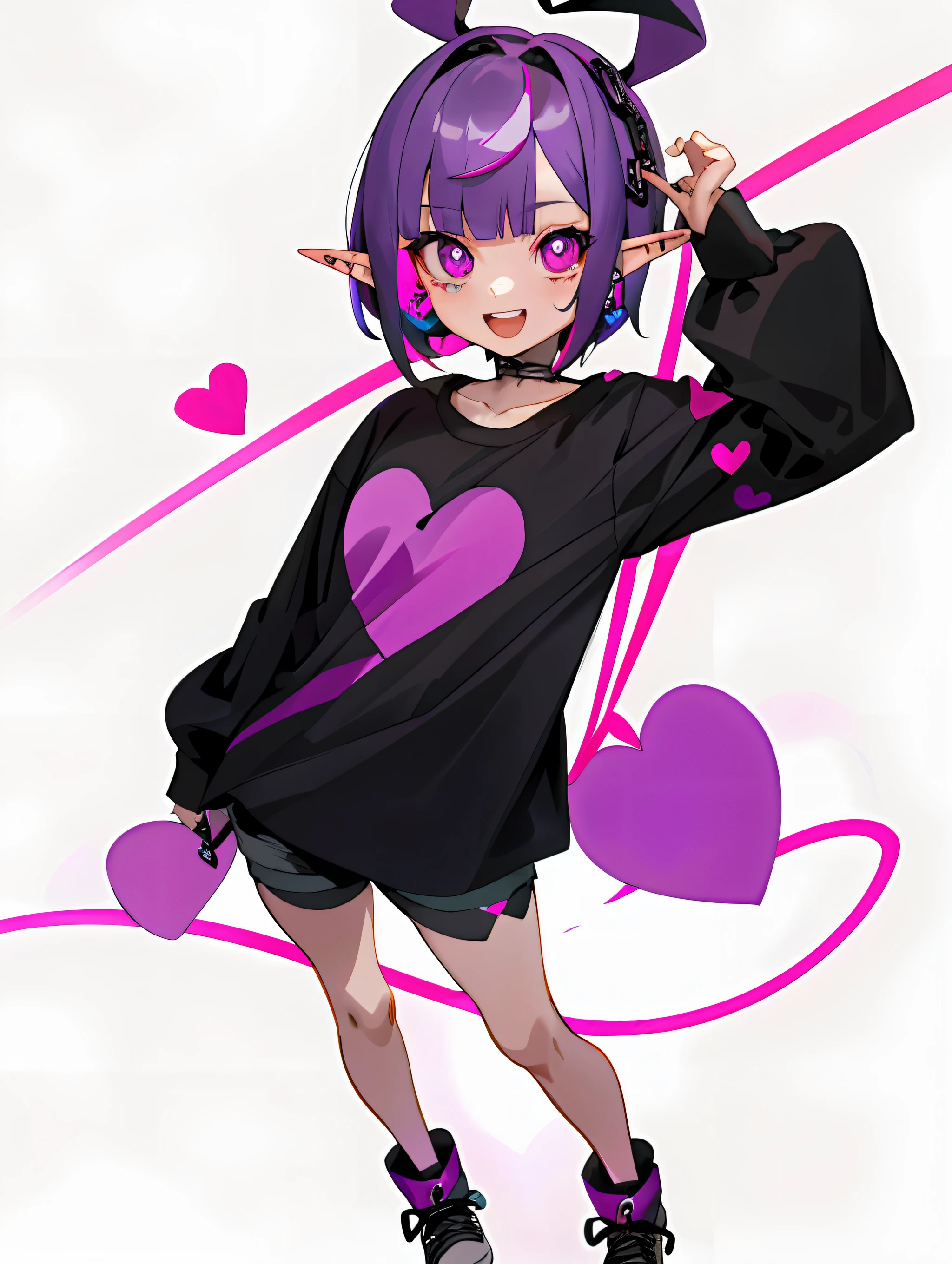 1girl, li, solo,elf ears, heart shaped earrings, heart shaped pupils, short hair, purple hair, a pink streak on the bangs, a gap between the teeth, Long black t shirt, long sleeves,
shorts with chain, full body