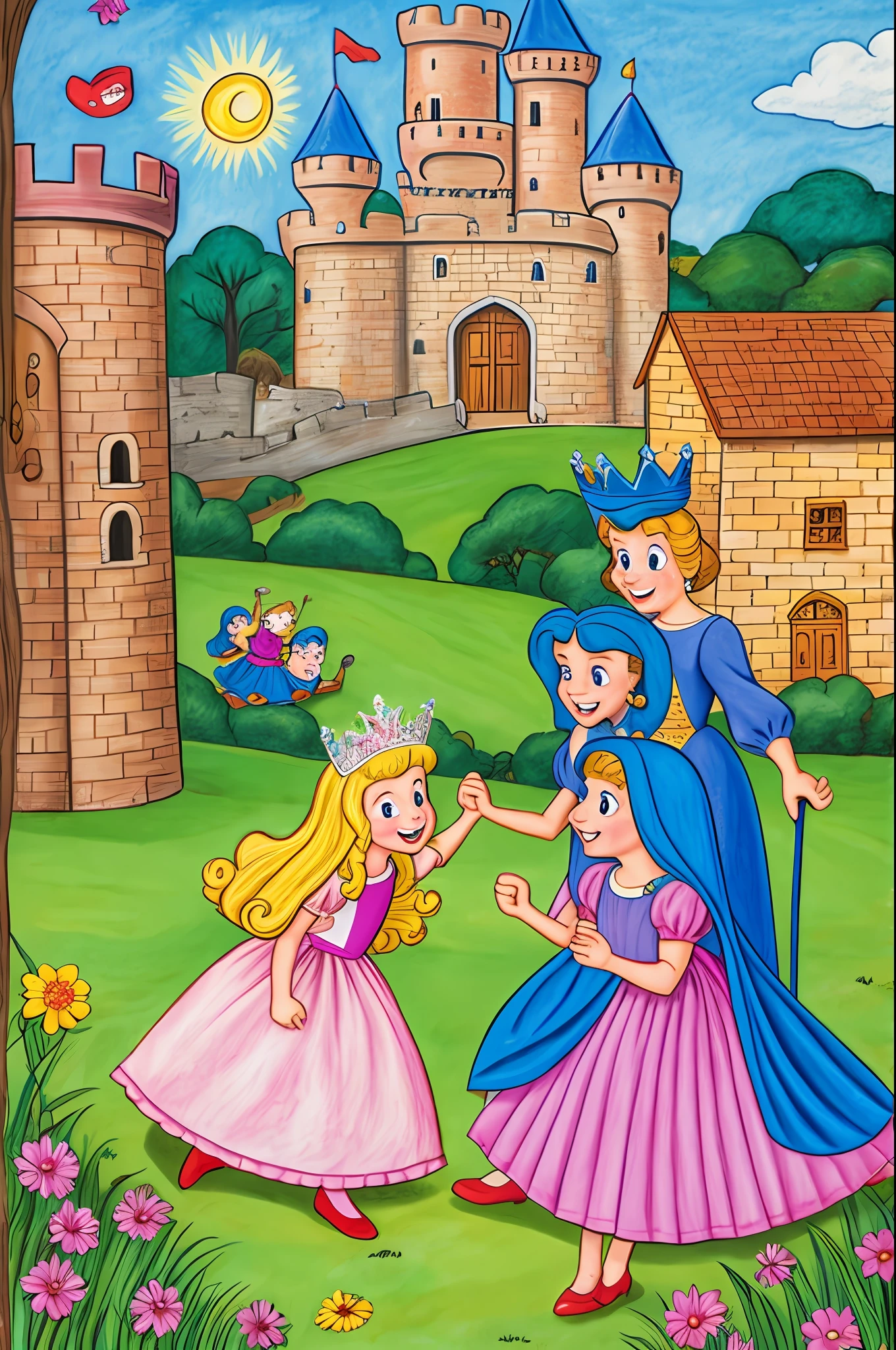Princess and queen playing in a castle drawing style children's book