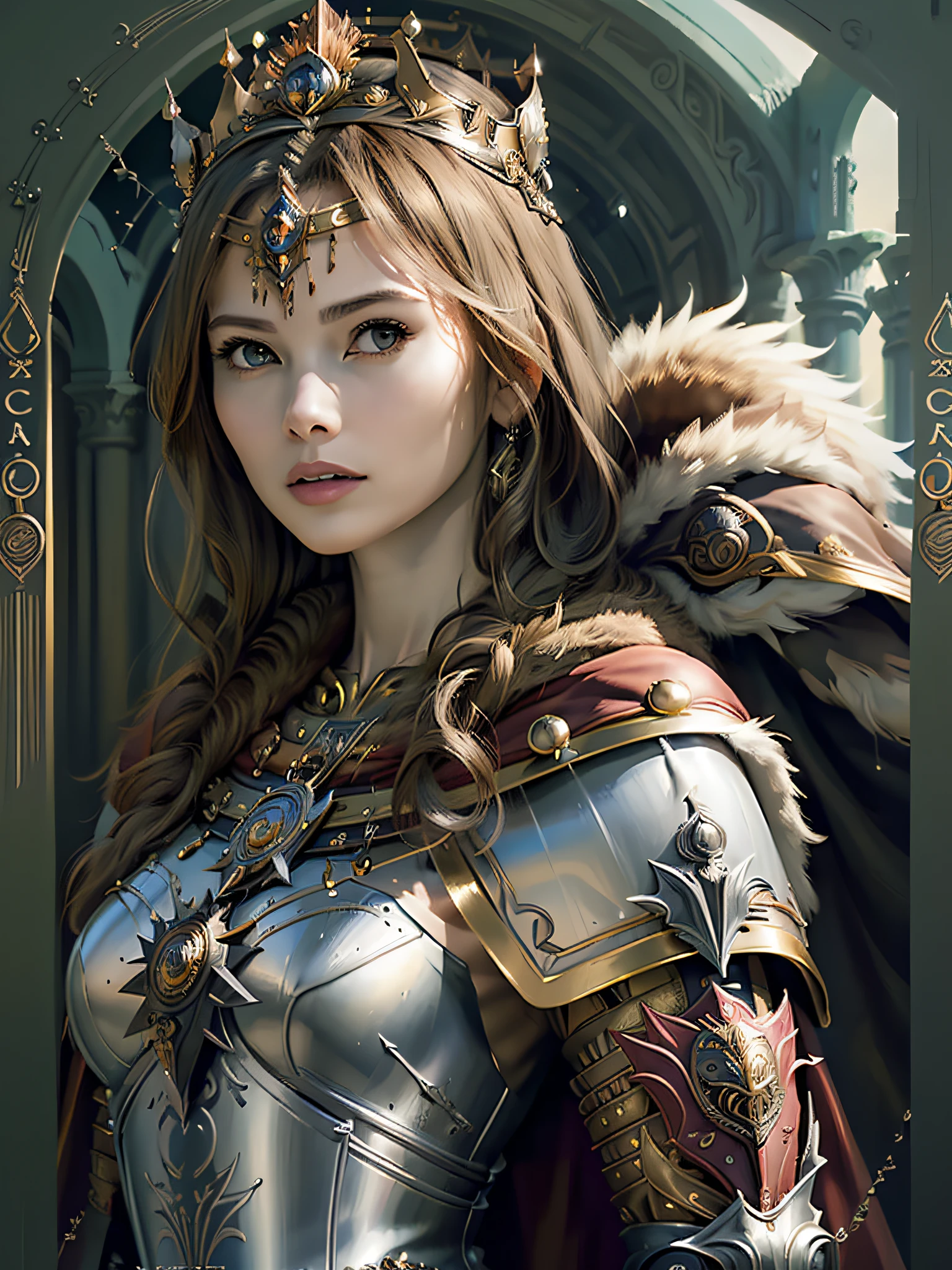 (masterpiece, top quality, best quality, official art, beautiful and aesthetic:1.2), (1girl), (warrior queen armor, fur-lined cape, jeweled crown:1.2),serious