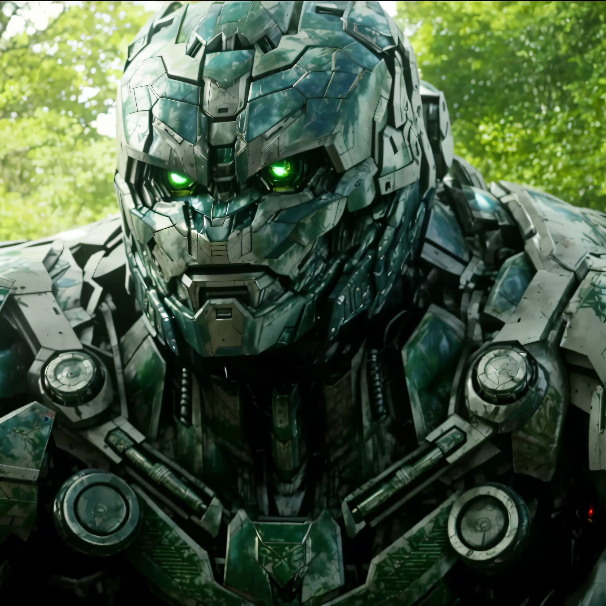 a close up of a robot with green eyes standing in a forest, in the movie transformers, movie still of a villain cyborg, face of an armored villian, as an ugly titan, movie still of a cool cyborg, movie still of a alien cyborg, from transformers, transformers : the last knight, pacific rim jaeger, movie still of a cyborg