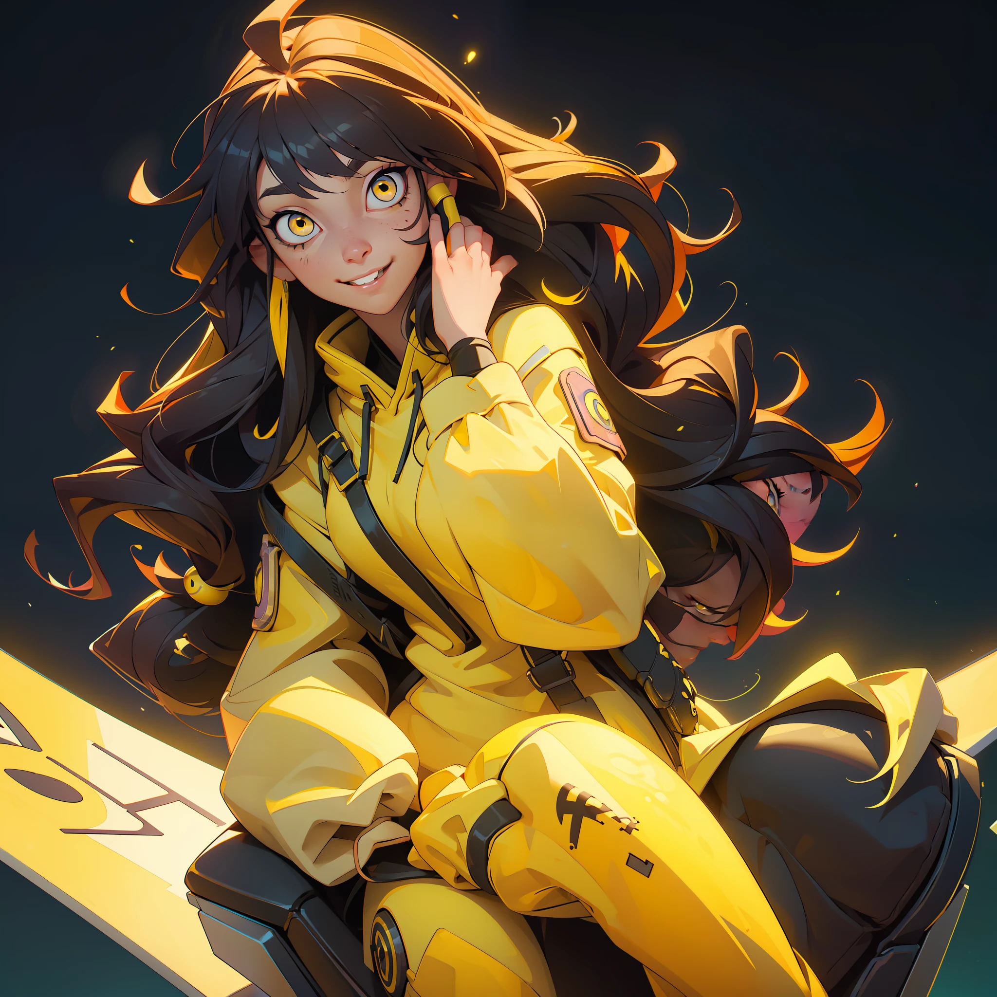 Create a hair girl and (((yellow eyes))) make sure the girl's eyes are yellow, chair gamer, gamer, configure, monitor, night time, good quality, perfect anatomy, 8k, masterpiece, by (Holaxes), medium hair, messy hair, neon, headphones, perfect hands, perfect hand position, perfect anatomy, sweet smile, yellow eyes