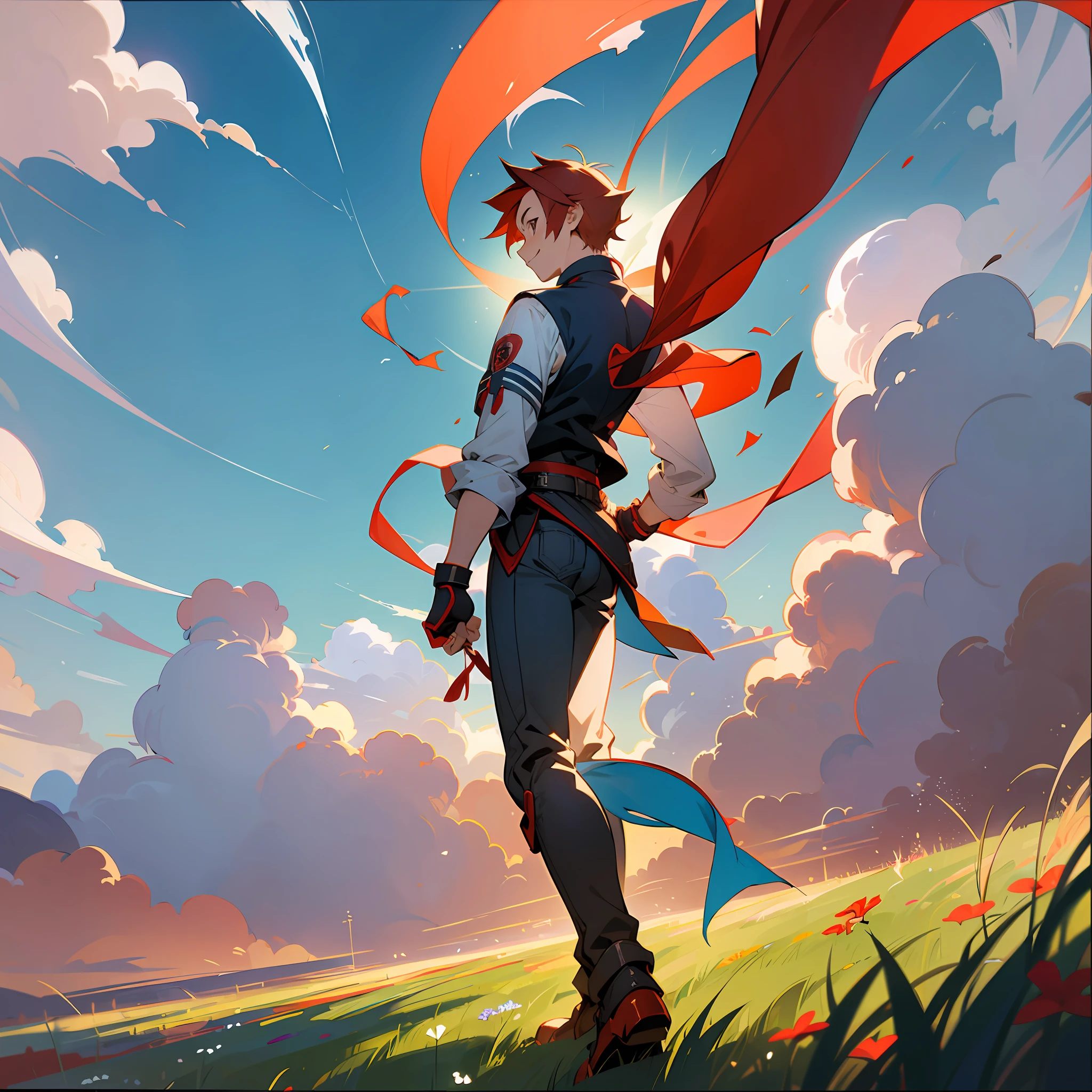 masterpiece, anime style, wide angle, cheerful teenage boy with red hair, back figure, cute, hands raised, meadow, fantastic light, drawn composition, courage, pride, --auto --s2
