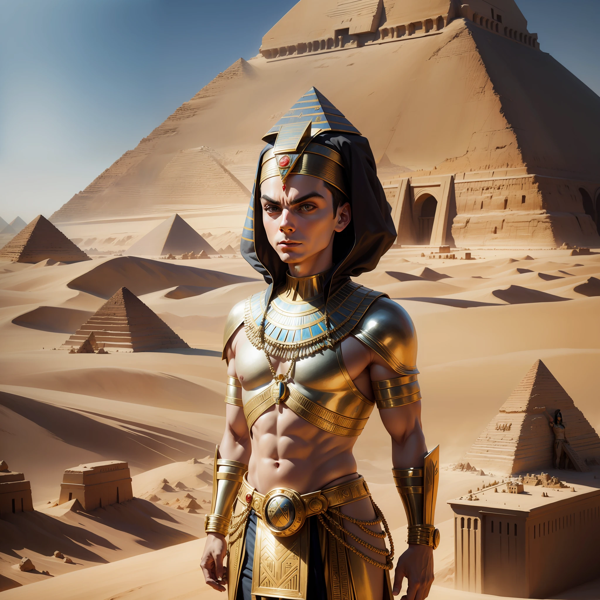 Sheldon Cooper dressed as an Egyptian pharaoh. In the background the pyramids of Egypt. Photorealistic, hyperdetailed, high quality,