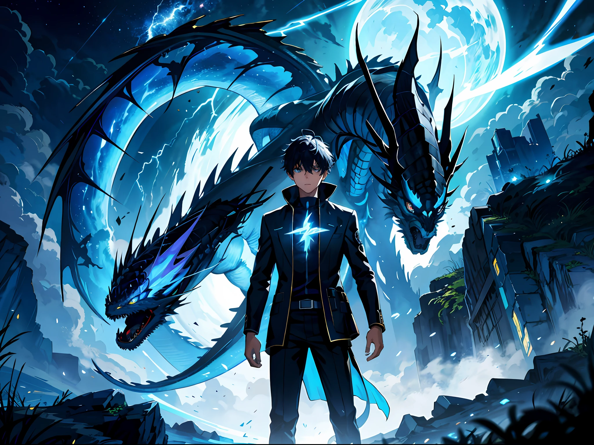 HD clear, best image, illustration quality, super detailed, a teenager standing between heaven and earth, blue light in his eyes, behind him appeared a black oriental dragon phantom, lightning, overlook
