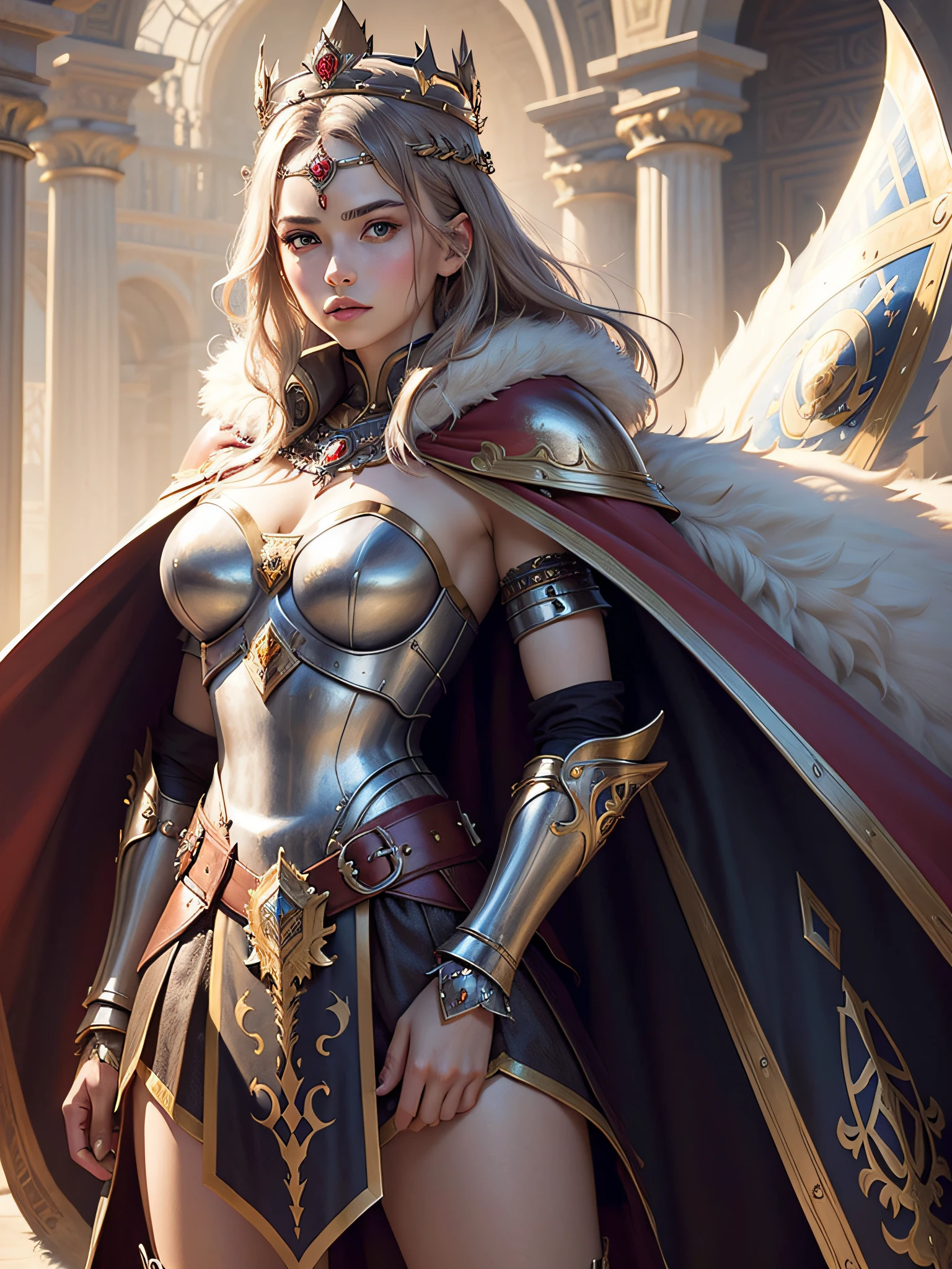 (masterpiece, top quality, best quality, official art, beautiful and aesthetic:1.2), (1girl), (warrior queen armor, fur-lined cape, jeweled crown:1.2),serious