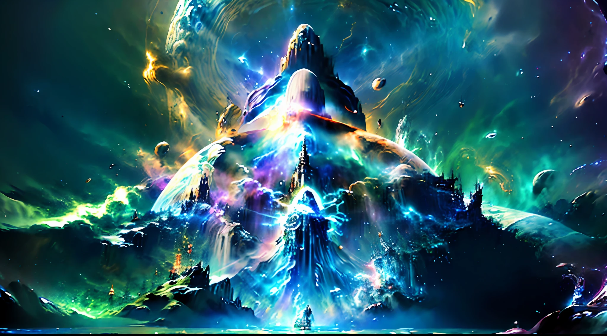 God sitting on the throne with staff in hand and angels around him ((best quality)), ((masterpiece)), edge of chaos, (reality that transforms: 0.7), miraculous surreal landscape, floating islands, ethereal vortex, unbelievable fantastic creatures, quality of masterpiece, mysteries of the universe, swirl of energy, magical phenomenon