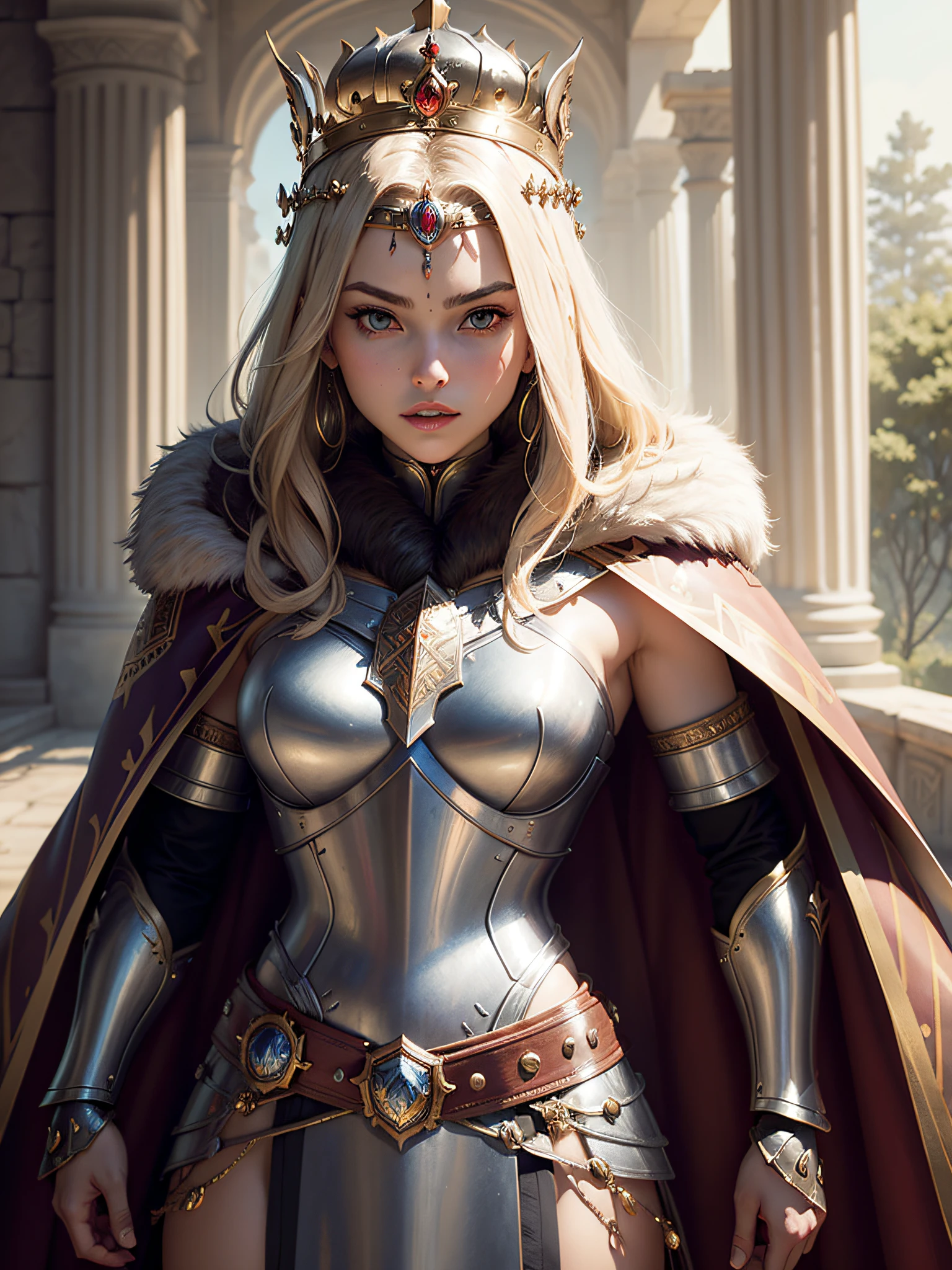 (masterpiece, top quality, best quality, official art, beautiful and aesthetic:1.2), (1girl), (warrior queen armor, fur-lined cape, jeweled crown:1.2),serious