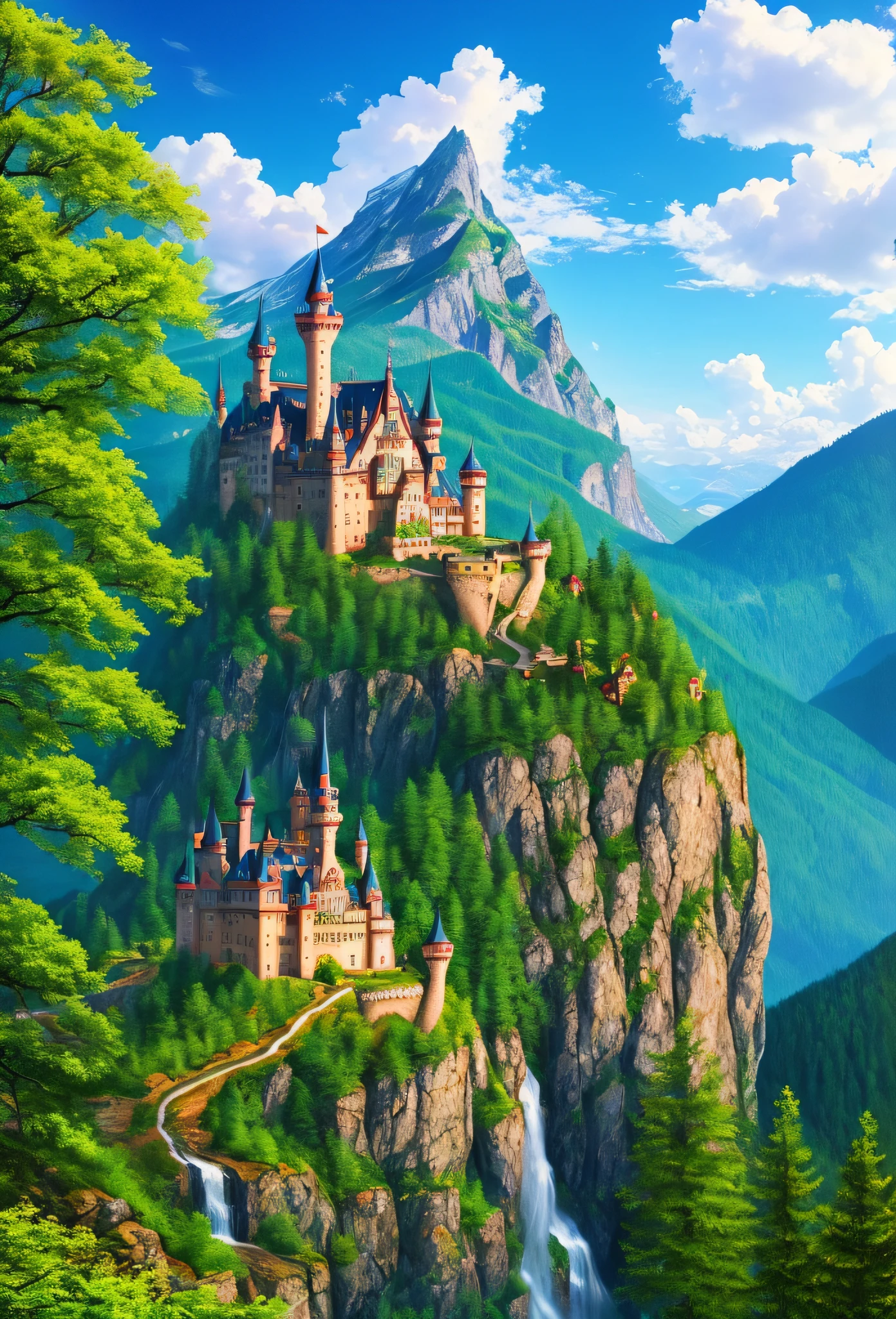 fairy tale castle on a mountain, perfect clouds, summer, forest, waterfall