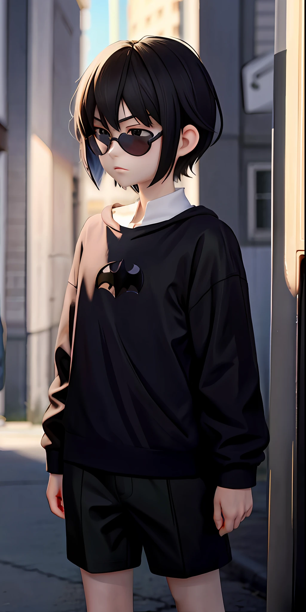 Anime girl with sunglasses and a black shirt standing in front of a parking meter, Anigirl Batman, Anime Boy, as anime character, Anime Moe Artstyle, Young anime man, In anime style, Male anime style, In an anime style, Anime style character, Anime character, Cassandra Cain, The boy has short black hair,  Black-haired girl with hoodie, (the girl has very pale and very white skin)