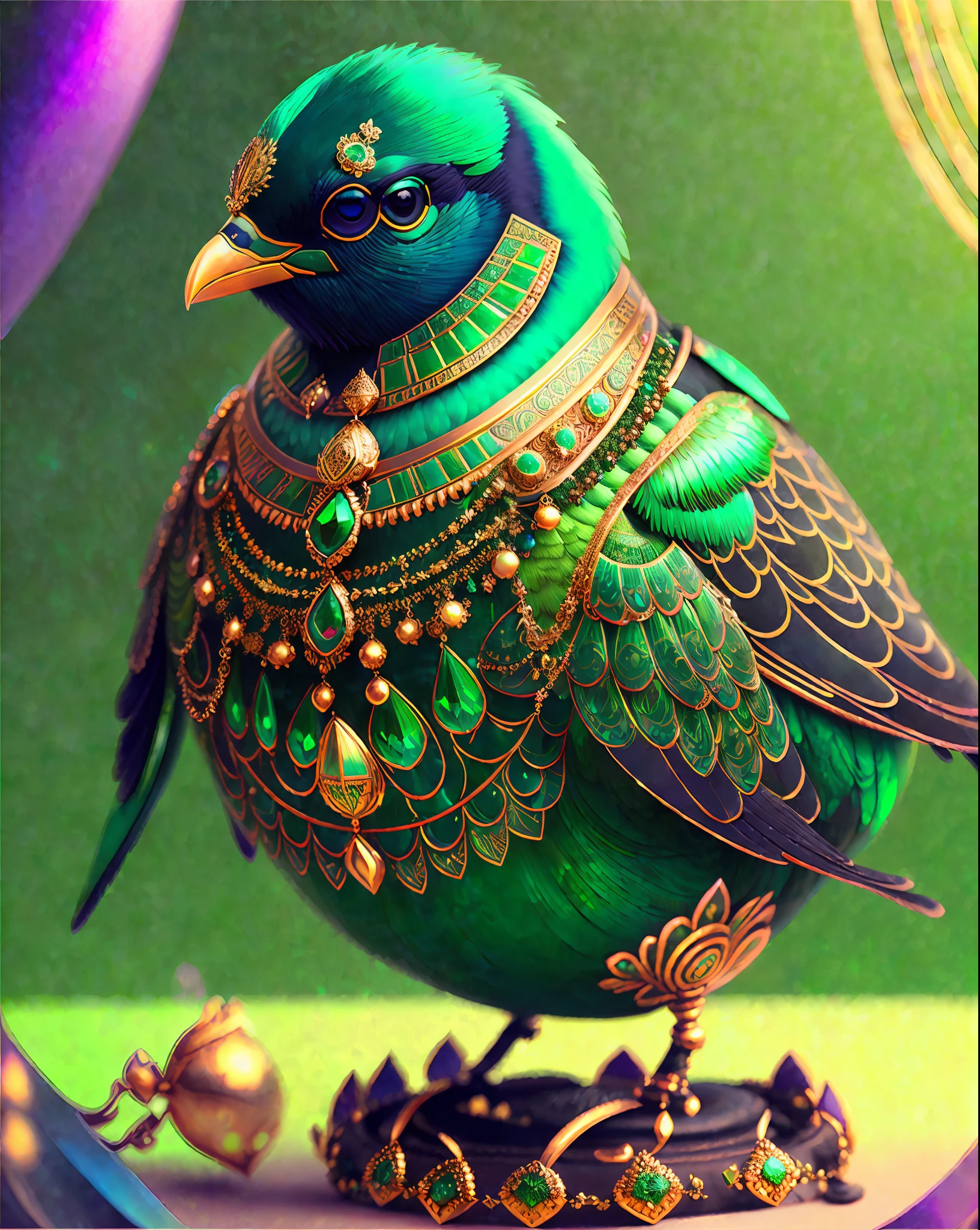 a digital painting of a cute dark green glossy starling bird with ((elaborate ornate jewellery)), unreal engine render + a goddess, very detailed , beeple global illumination, ((colorful)), trending on cgisociety, motion graphics, rossdraws global illumination, cgsociety, (((depth of field f/2.8)), ethereal