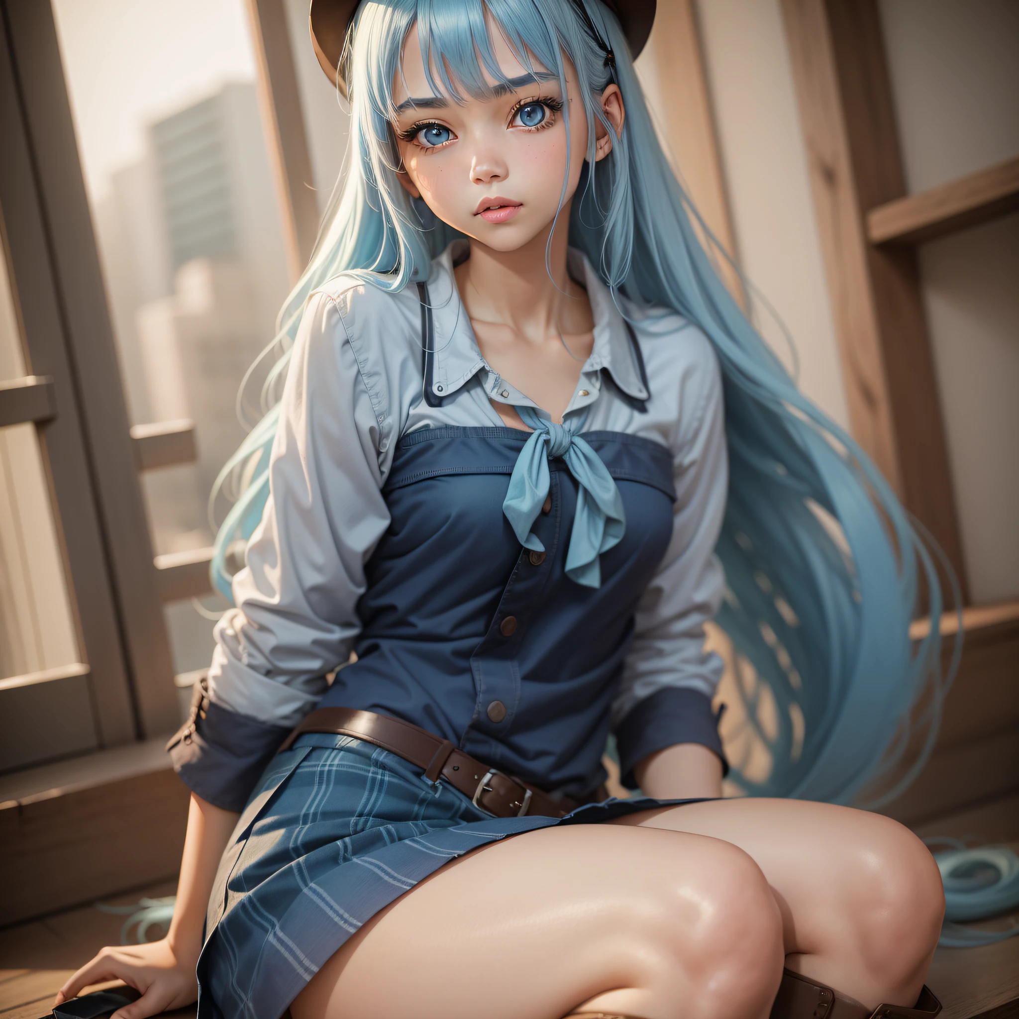 Adult girl, long light blue hair with dark blue tips, long dark blue barrel boot, brown skin tone, dark blue short skirt, dark blue blouse, light blue eyes