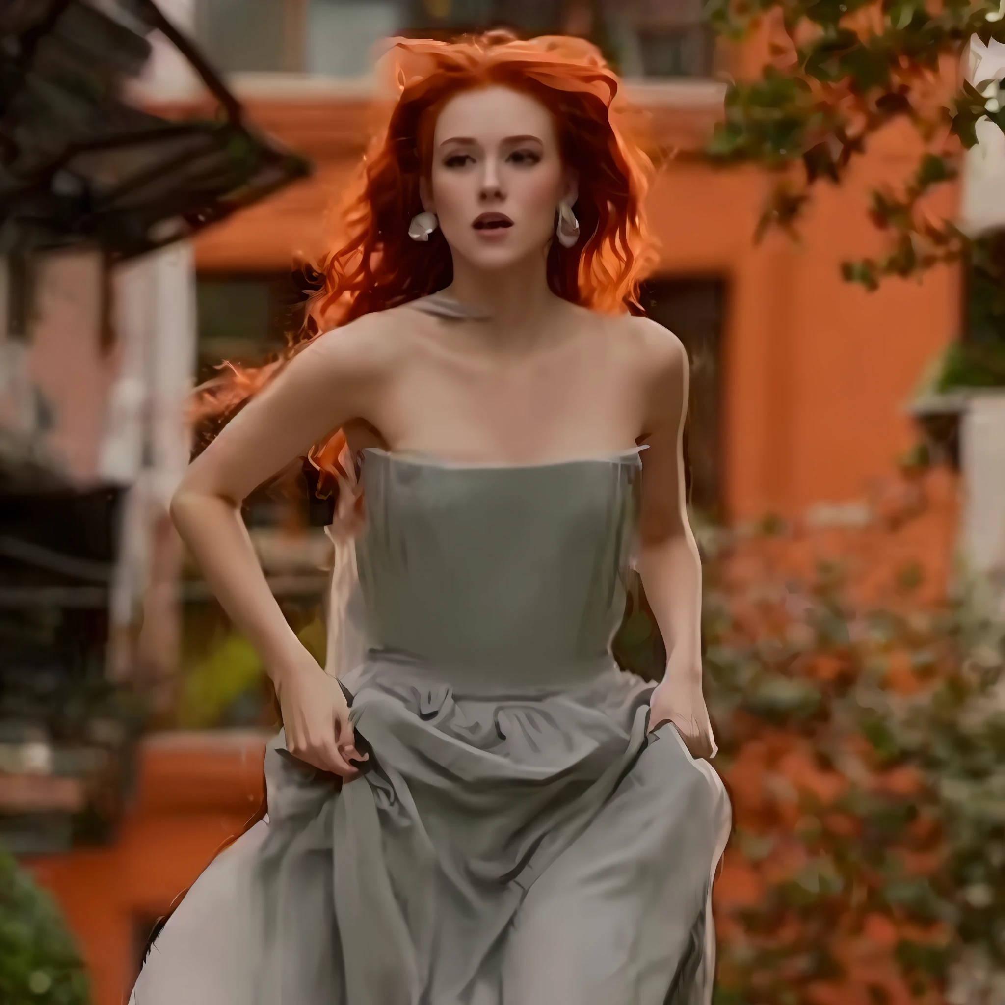 woman in a gray dress walking down a street with a red hair, katherine mcnamara inspired, red haired goddess, she is redhead, with red hair, she has red hair, with red hair and green eyes, red hair and attractive features, with long red hair, with curly red hair, redhead woman, maiden with copper hair, she has long redorange hair