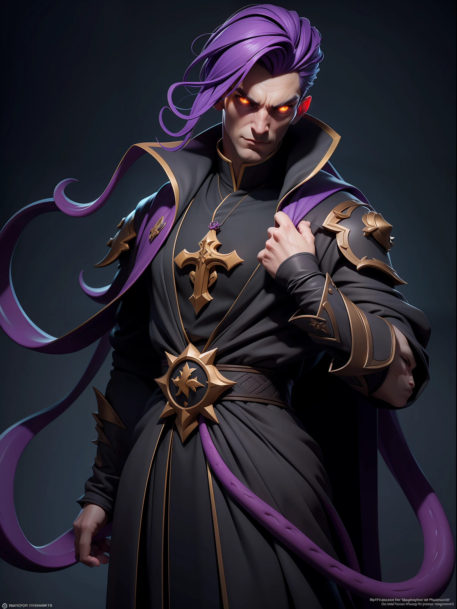 the embodiment of lust in the form of a priest, a guy, a sharp chin, cheekbones, manhwa style, yellow eyes, a cassock, a cross around his neck, ((tentacles come out from under his clothes)).medium purple hair, ((priest's vestments with tentacles)), warm moonlight, temple, standing in a temple, rich temple, detailed art, cartoon, fantasy, hyperdetailed, artStation, CGsociety, 8K, surrealist, Zbrush, Unreal Engine 5, Bright colors, Greg Rutkowski, Darksynth, Weta Digital,  Focus, Octane rendering, Super sharp, Cinematic light, High quality, High resolution, Style Smooth color Manga Hayao, Photorealistic, High Detail, 8K, trendy artstation, octane rendering, cinematic lighting, 3D rendering, Vray Caustics, volumetric lighting, dark atmosphere, gloomy colors, sense of awe, concept art, Unreal Engine 5 rendering, cinematic center shot, hyper-realistic, ultra-detailed;