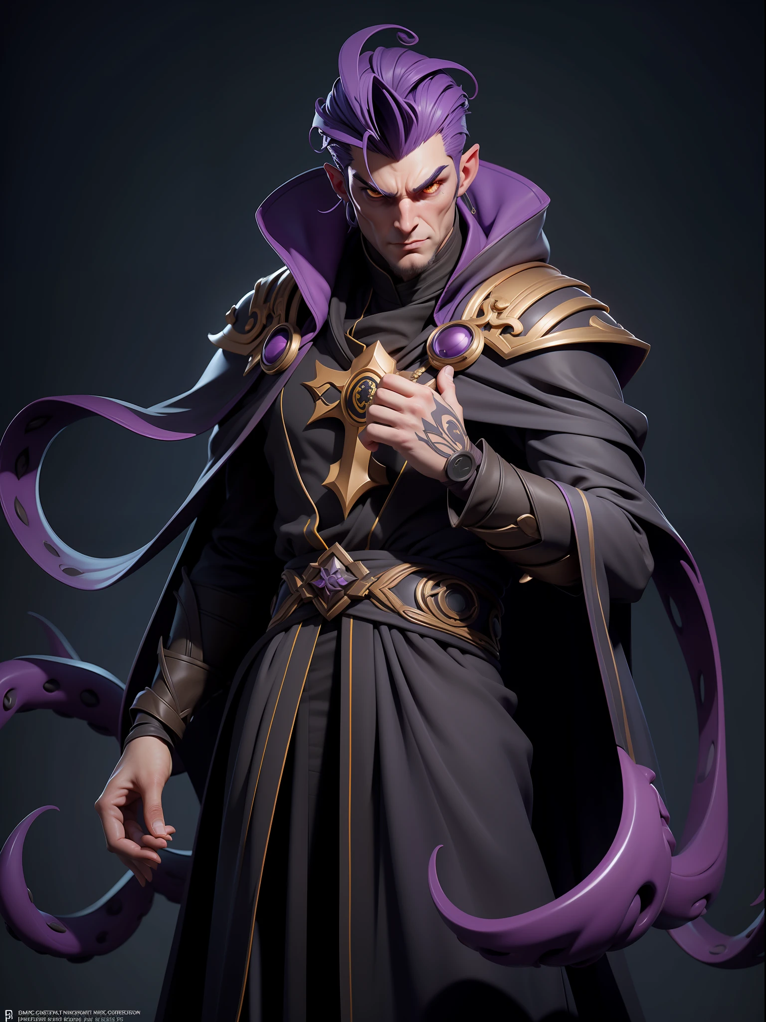 the embodiment of lust in the form of a priest, a guy, a sharp chin, cheekbones, manhwa style, yellow eyes, a cassock, a cross around his neck, ((tentacles come out from under his clothes)).medium purple hair, ((priest's vestments with tentacles)), warm moonlight, temple, standing in a temple, rich temple, detailed art, cartoon, fantasy, hyperdetailed, artStation, CGsociety, 8K, surrealist, Zbrush, Unreal Engine 5, Bright colors, Greg Rutkowski, Darksynth, Weta Digital,  Focus, Octane rendering, Super sharp, Cinematic light, High quality, High resolution, Style Smooth color Manga Hayao, Photorealistic, High Detail, 8K, trendy artstation, octane rendering, cinematic lighting, 3D rendering, Vray Caustics, volumetric lighting, dark atmosphere, gloomy colors, sense of awe, concept art, Unreal Engine 5 rendering, cinematic center shot, hyper-realistic, ultra-detailed;