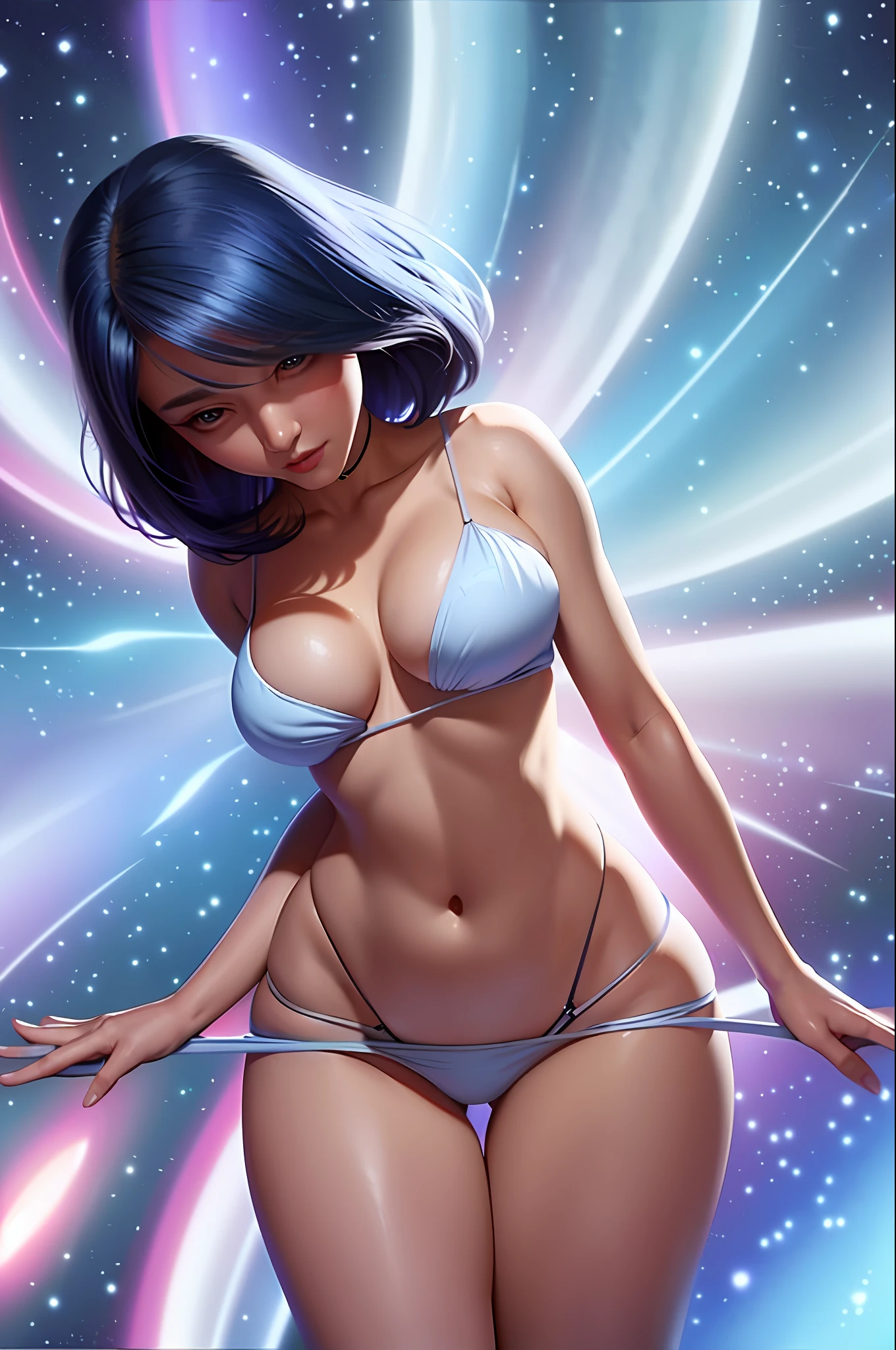 sapphire, Caucasian girl with big breasts, small waist and wide hips, sexy, beautiful, mystical, wearing tight crop top, pevic cloth, in space, galaxy print outfit, underboob, futuristic crazy anime hair do, head and body adorned in SCI-FI jewelry, perfect breasts, perfect cleavage, soft breasts, blushing, shy face, ((tiny panties)) flowing long sheer silk white ribbons off waist, hyper sexualized, stylized, alluring, glowing blue soft ligh