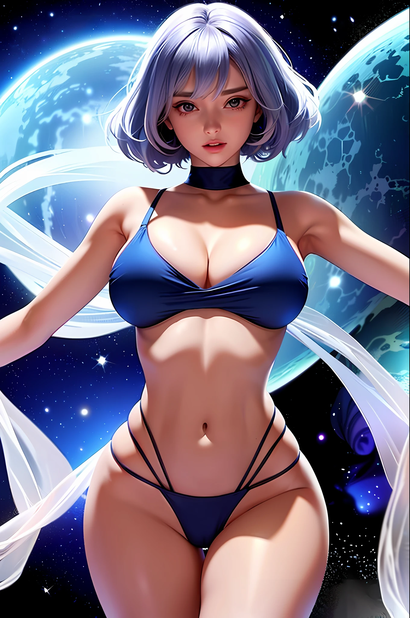 sapphire, Caucasian girl with big breasts, small waist and wide hips, sexy, beautiful, mystical, wearing tight crop top, pevic cloth, in space, galaxy print outfit, underboob, futuristic crazy anime hair do, head and body adorned in SCI-FI jewelry, perfect breasts, perfect cleavage, soft breasts, blushing, shy face, ((tiny panties)) flowing long sheer silk white ribbons off waist, hyper sexualized, stylized, alluring, glowing blue soft ligh