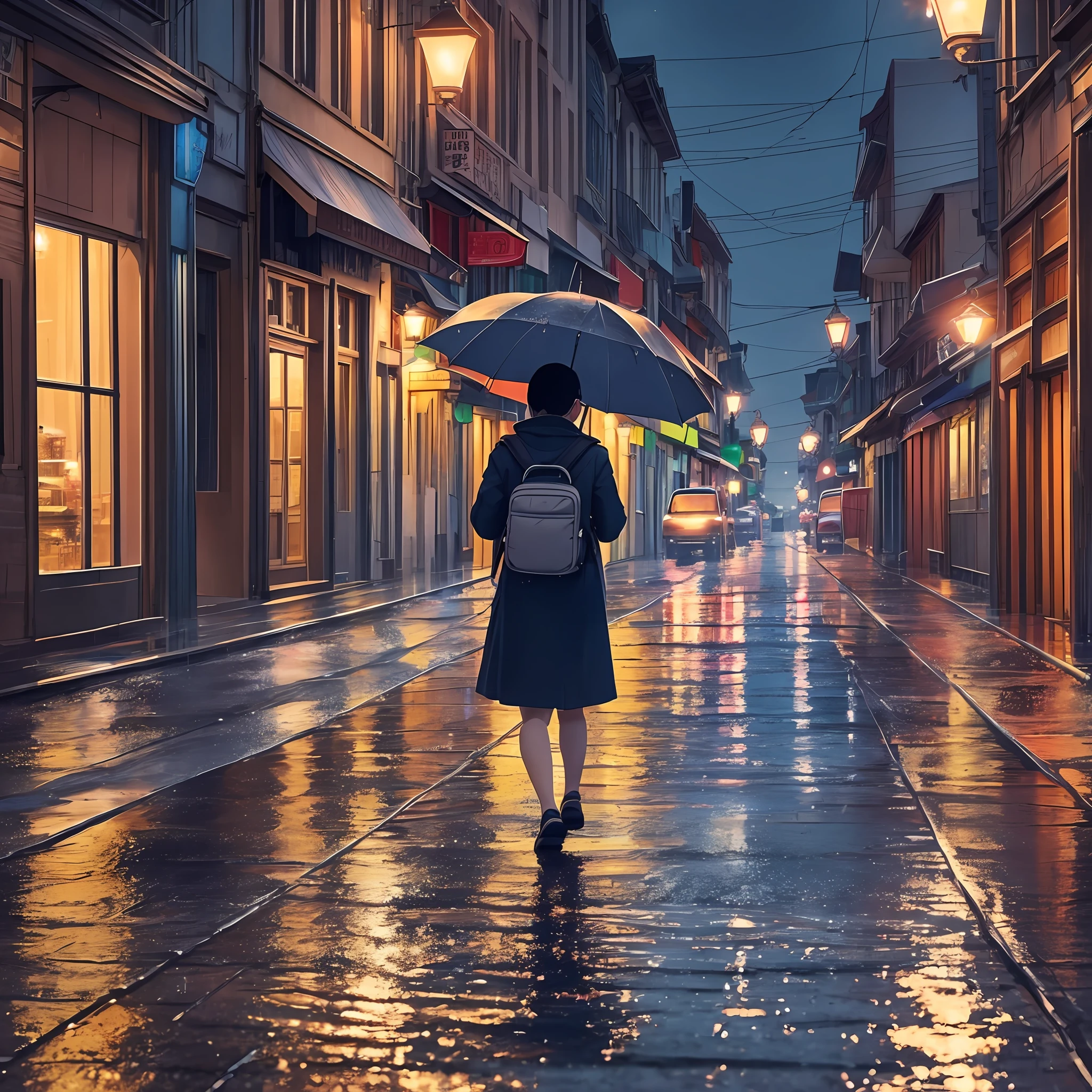 A small town, at night, with the lights of the poles on, has a heavy rain happening, puddles of water are on the street, has cars, we see a person walking on the street, with an umbrella, with a backpack, anime style, strong lights, wallpaper style --auto --s2