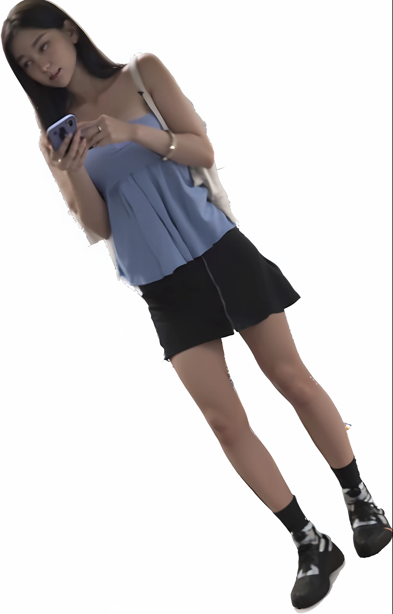 arafed woman in a blue shirt and black shorts looking at her phone, zoomed out full body, full body xianxia, legs visible, wearing skirt, distorted pose, casual pose, miniskirt, mini-skirt, distant full body shot, photorealistic full body, full body pictures, view(full body + zoomed out), jia