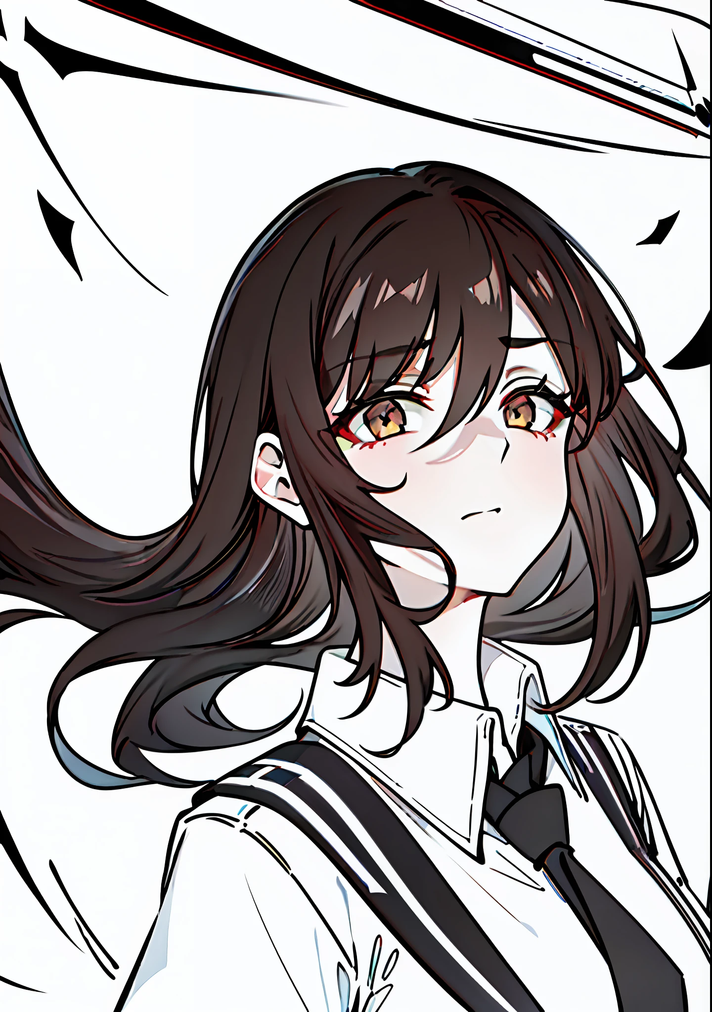 Top Quality, (Masterpiece), Ultra High Definition, (High Resolution: 1.1), (Thick Line), (Sharp Line), 1 Girl, School Uniform, Long Tie, Irritated, Perfect Face, Beauty Face, White Shirt, Dark Brown Hair, Dark Brown Hair | Black Hair, Black Stockings, Tied Up Hair, Medium Hair, Dynamic Angle, (Speaking Text)