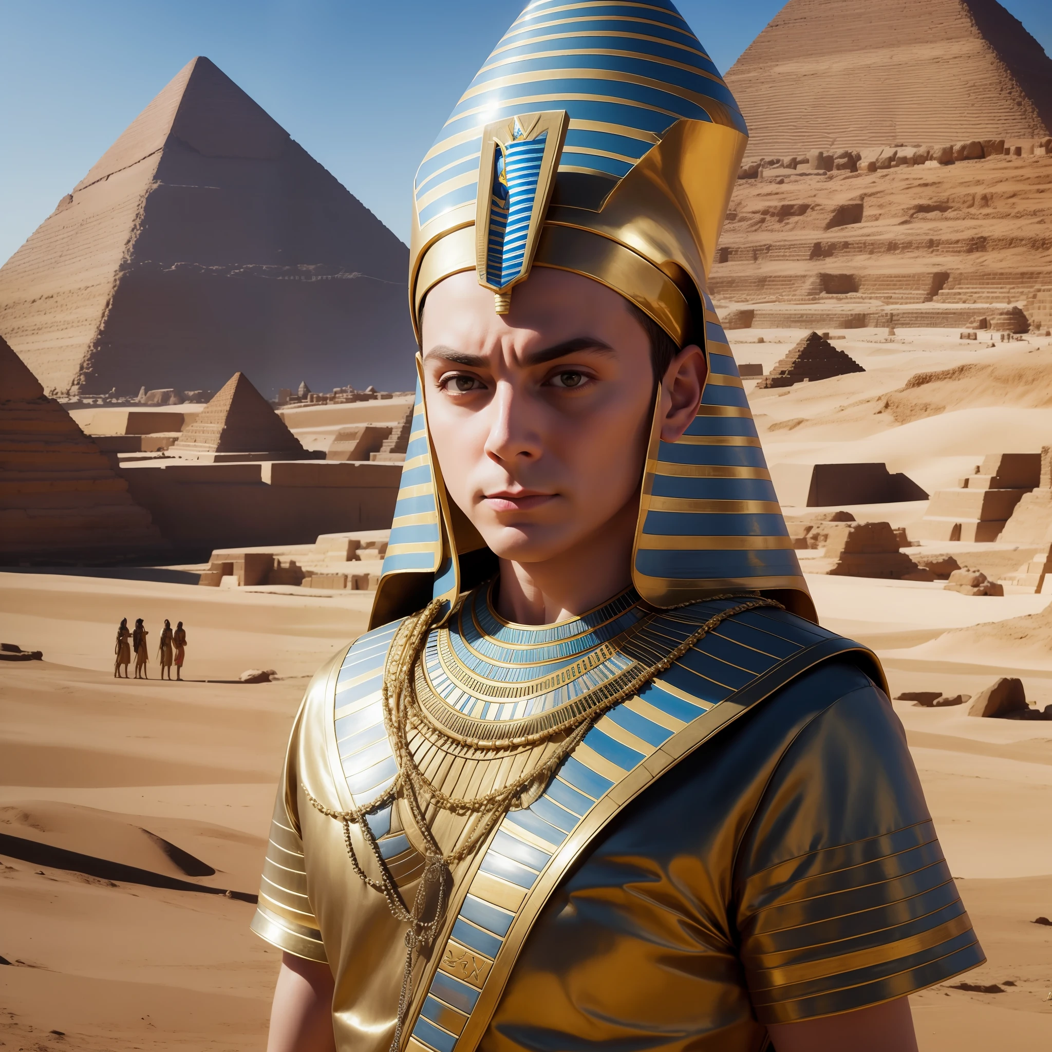 Sheldon Cooper dressed as an Egyptian pharaoh. In the background the pyramids of Egypt. Photorealistic, hyperdetailed, high quality,