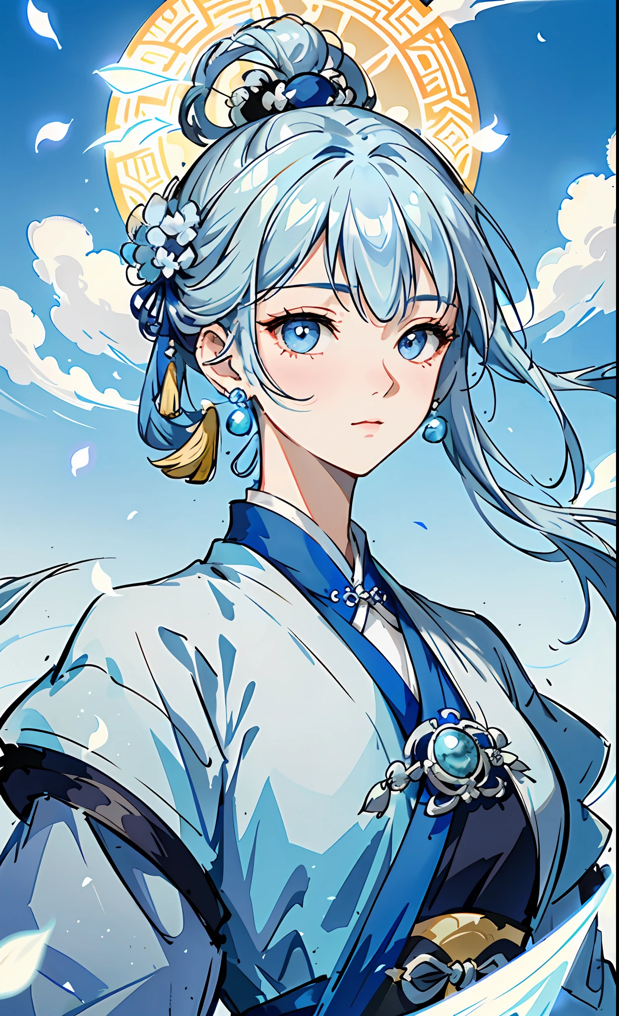 Mature girl, blue and white hair color, floating hair, delicate and flexible eyes, intricate brocade hanfu, gorgeous accessories, wearing pearl earrings, FOV, f/1.8, masterpiece, ancient Chinese style architecture, blue sky, flower petals flying, front portrait shot, Chang'e, side lighting, sunlight shining on people