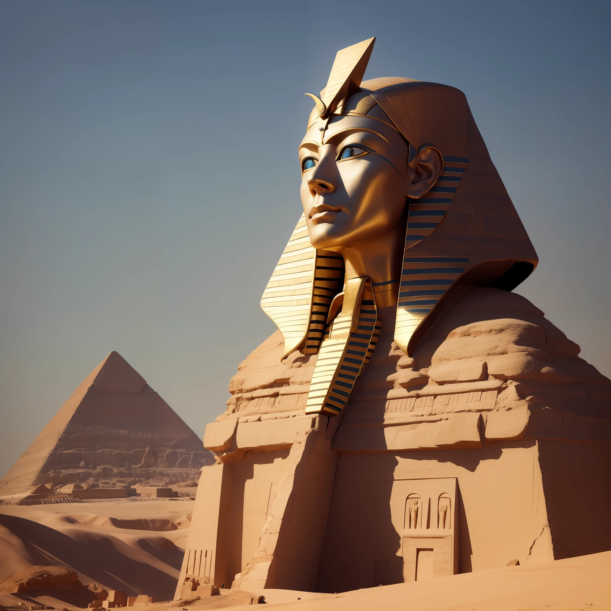 Sheldon Cooper dressed as an Egyptian pharaoh. In the background the pyramids of Egypt. Photorealistic, hyperdetailed, high quality,