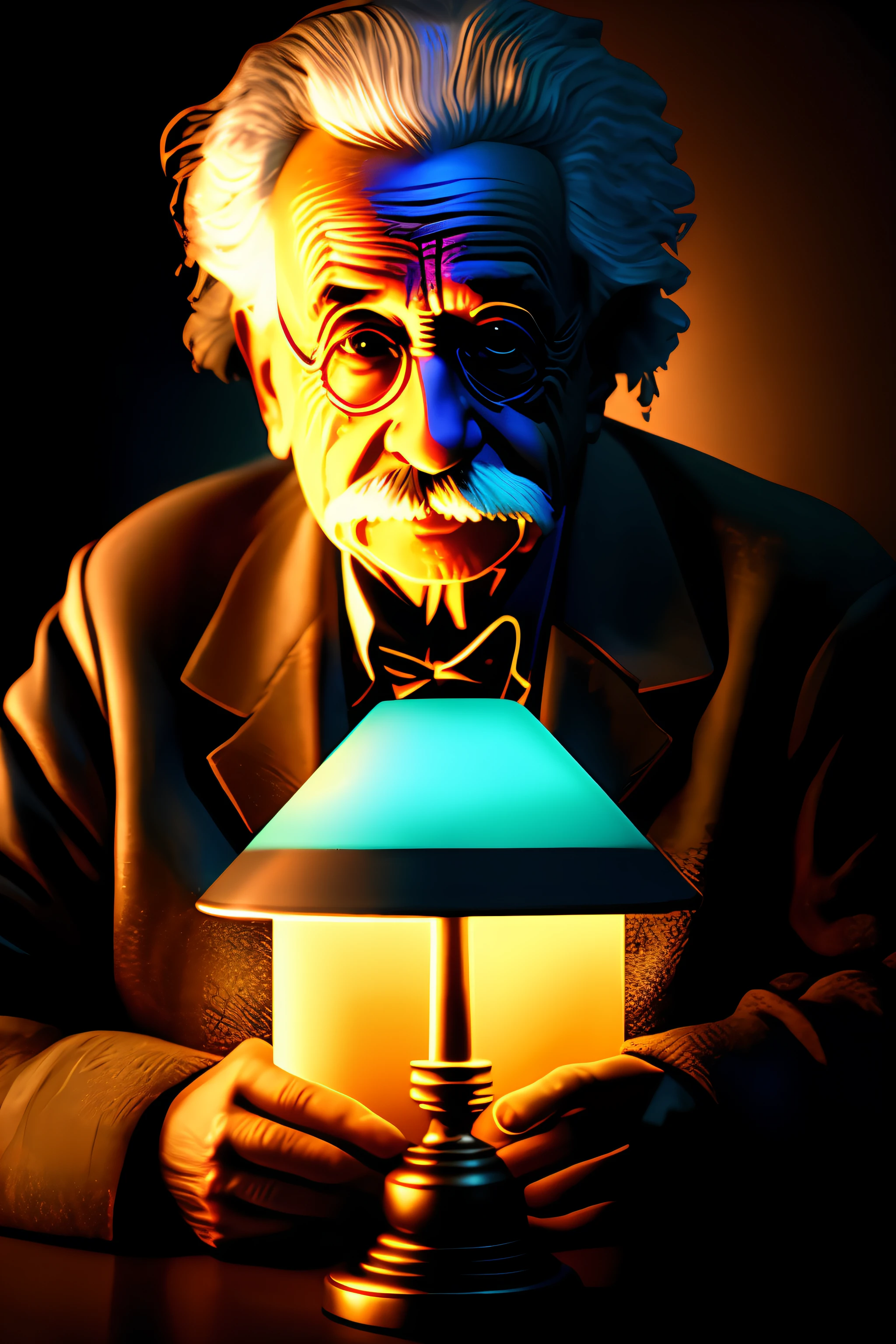 Albert Einstein holding a lamp with realistic lighting, cyberpunk setting