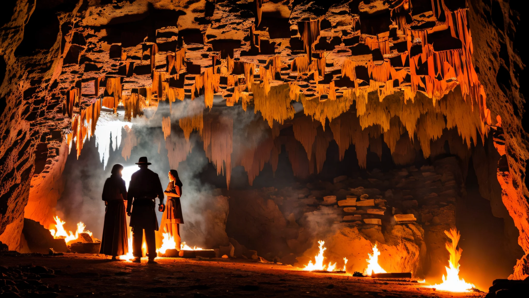 Generate an image depicting a group of people trapped inside a dark cave illuminated by a flickering fire. The cave should be depicted as a dimly lit space with rugged walls and a small, crackling fire casting shadows on the walls. The people should be shown gathered around the fire, their silhouettes and the dancing shadows creating a sense of both warmth and eerie mystery. The cave's environment should feel oppressive, with stalactites hanging from the ceiling and stalagmites rising from the floor. The glow from the fire should be the primary light source, revealing glimpses of the cave's features. Use rich and contrasting colors to highlight the interplay between light and shadow, emphasizing the captivating effect of the fire's glow on the faces and surroundings of the trapped individuals. The image should convey a mixture of hope and trepidation as they contemplate the shadows on the cave wall, longing for a way out into the unknown. --auto --s2