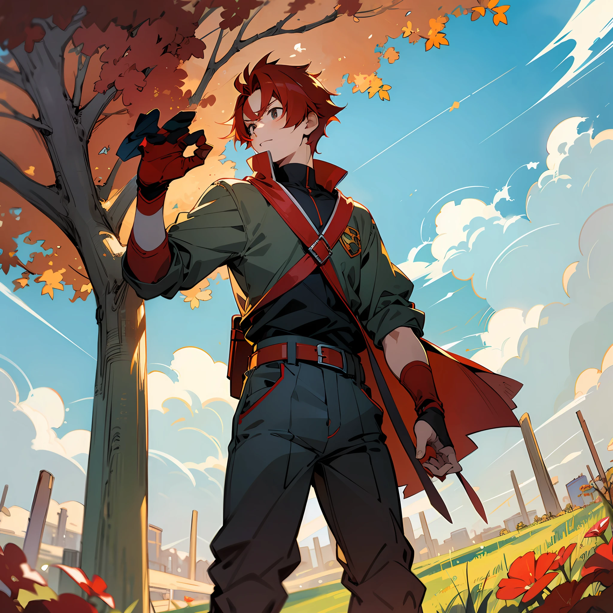 masterpiece, anime style, wide angle, cheerful teenage boy with red hair, back figure, cute, hands raised, meadow, fantastic light, drawn composition, courage, pride, --auto --s2