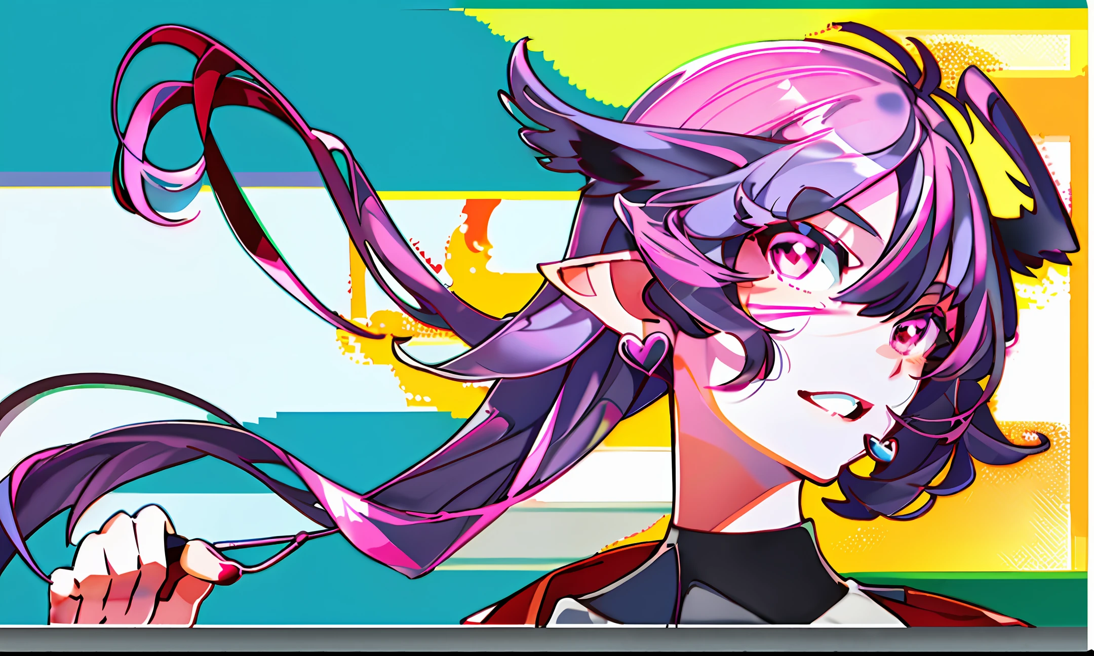 1girl, loli, solo,elf ears, heart shaped earrings, heart shaped pupils, short hair, purple hair, a pink streak on the bangs, a gap between the teeth, Long black t shirt, long sleeves, 
shorts with chain, full body