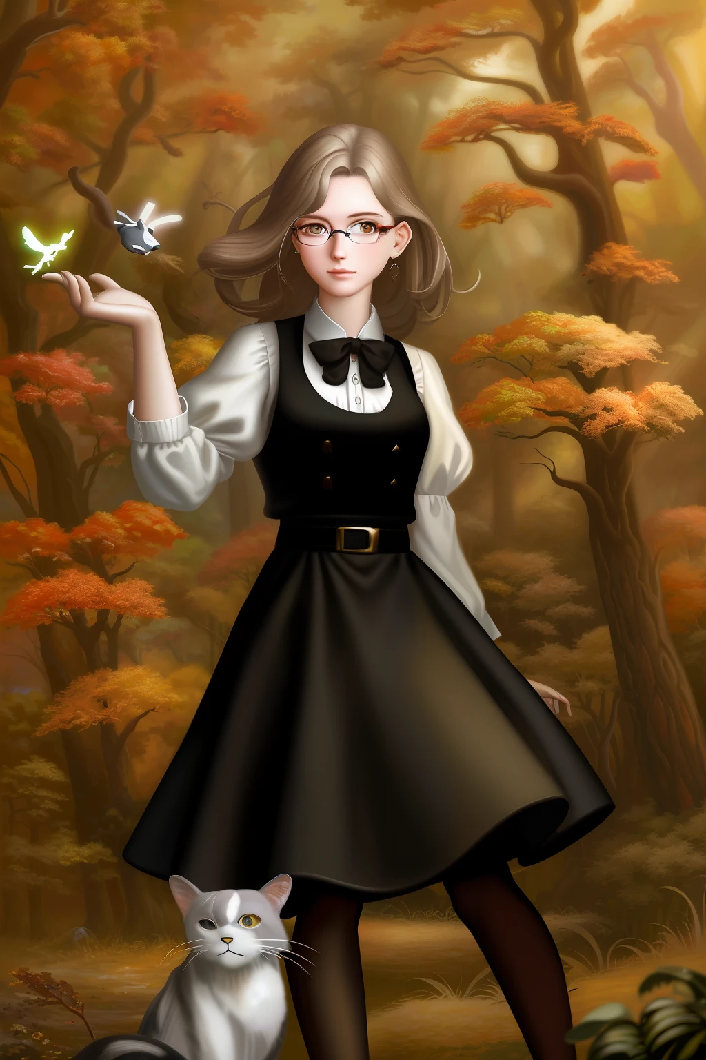 Hyperrealistic oil painting with a young white woman with short, light brown hair with prescription glasses and a black mole on the right cheek with pleasant autumn colors in the forest with black and gray cats