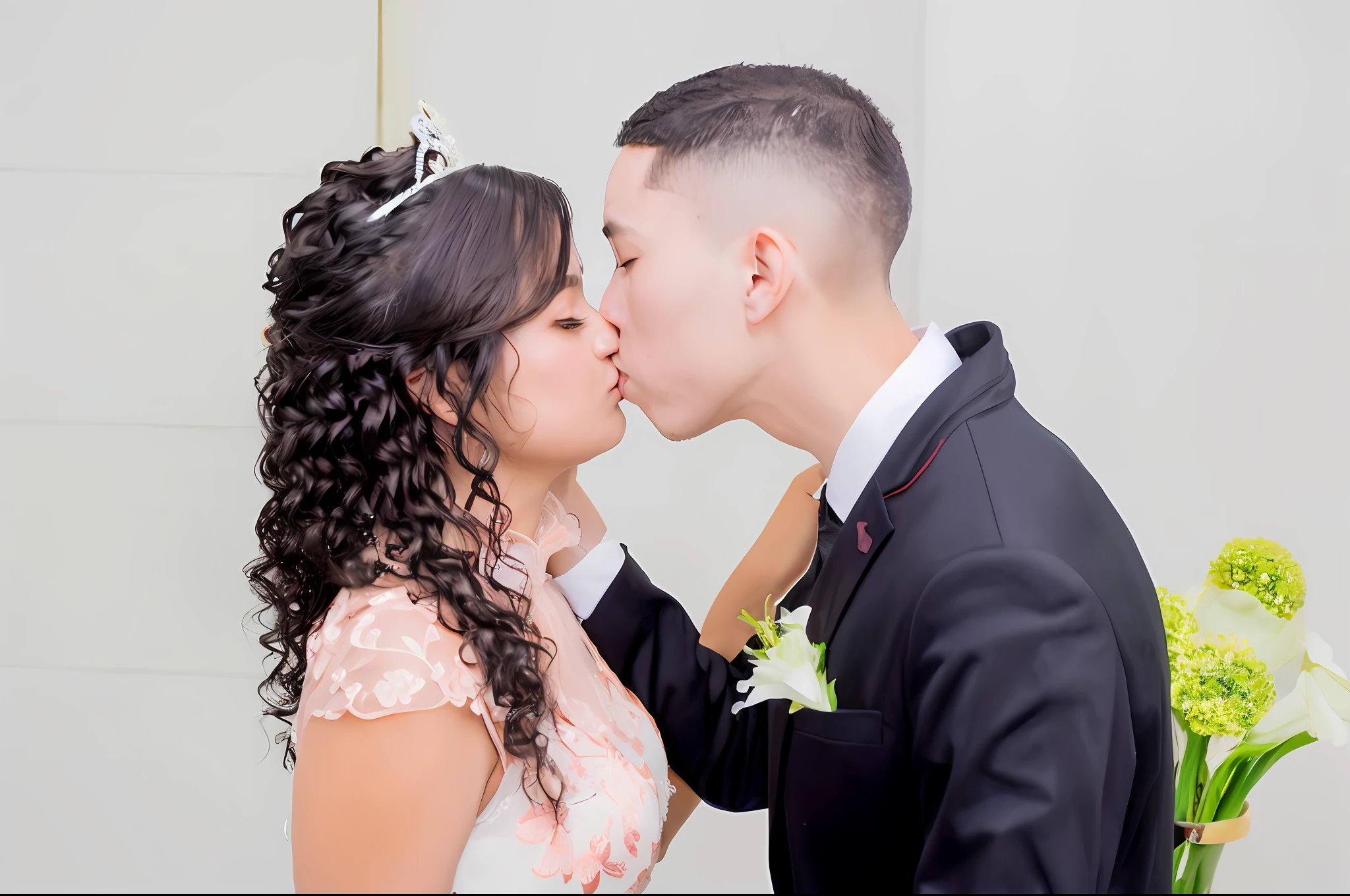 bride and groom kissing in front of a white wall, couple kissing, kissing together cutely, the kiss, kissing together, kissing, high quality photos, kiss, high - key, high-key, high key detailed, lovely kiss, ariel perez, kissing each other, high key, professional wedding photography, 1614572159 --auto --s2