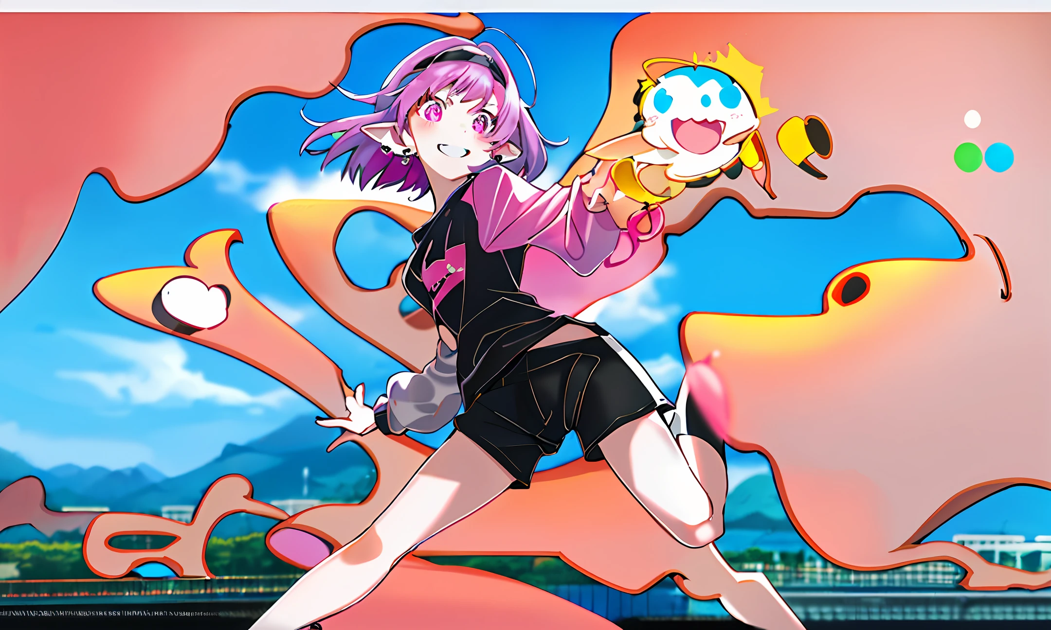 1girl, li, solo,elf ears, heart shaped earrings, heart shaped pupils, short hair, purple hair, a pink streak on the bangs, a gap between the teeth, Long black t shirt, long sleeves, 
shorts with chain, full body