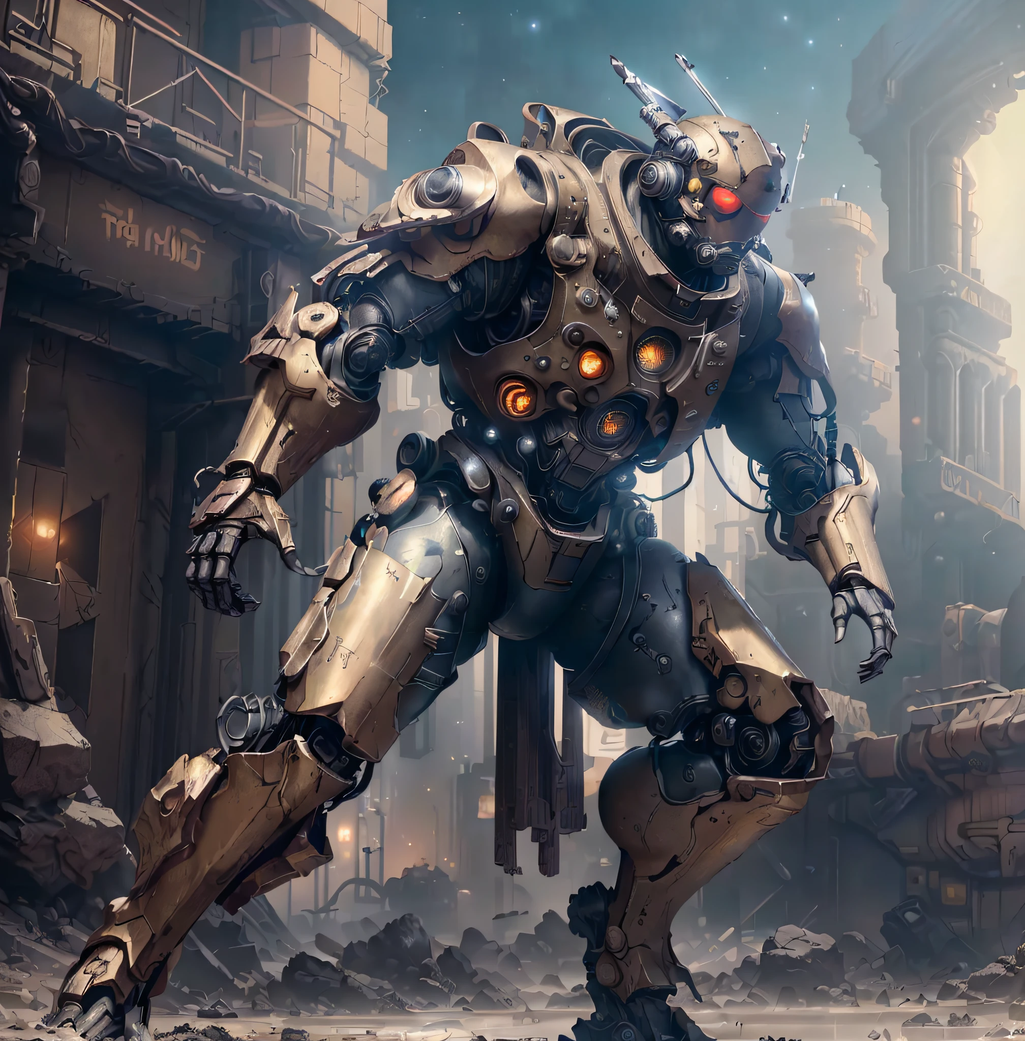 ((best quality)), ((masterpiece:1.4)), (extremely detailed), (8k, high quality, cinematic, hyperrealistic, illustration, absurdres, octane render, fantastic realism, vibrant color, high detail, rich textures, high-resolution, depth-filled, polished, consistent style, innovative design, properly aligned features, precise, harmonious colors, soft lighting, creative, fluid movement, intricately detailed, dynamic perspective, balanced composition, 3-dimensional, natural posing, high contrast), (full body, (dynamic pose), Motion blur speed movement pose), male android humanoid, thick cloth dark torn long cloak, [dark | bronze metallic rusted armour], glowing red parts of the armour, splashes of naomi-red, glowing red eyes, advanced civilization, (cyberpunk:1.1), futurist village in the desert, full of sand, winds and dust,  immersed in the beautiful lights, (rim lighting, distant moonlight, night, bloom), (cinematic, best quality, masterpiece, ultra HD textures, highly detailed, hyper realistic, intricate detail, 8k, photorealistic, concept art, pro matte painting, autodesk maya, vray render, ray tracing, hdr), (dslr, full frame, 16mm focal length, f/8 aperture, dynamic perspective, dynamic angle, golden ratio, wide photography, wide field of view, deep depth of field, zoom out),techwear, urbansamurai,(robort:1.2), realistic mecha,