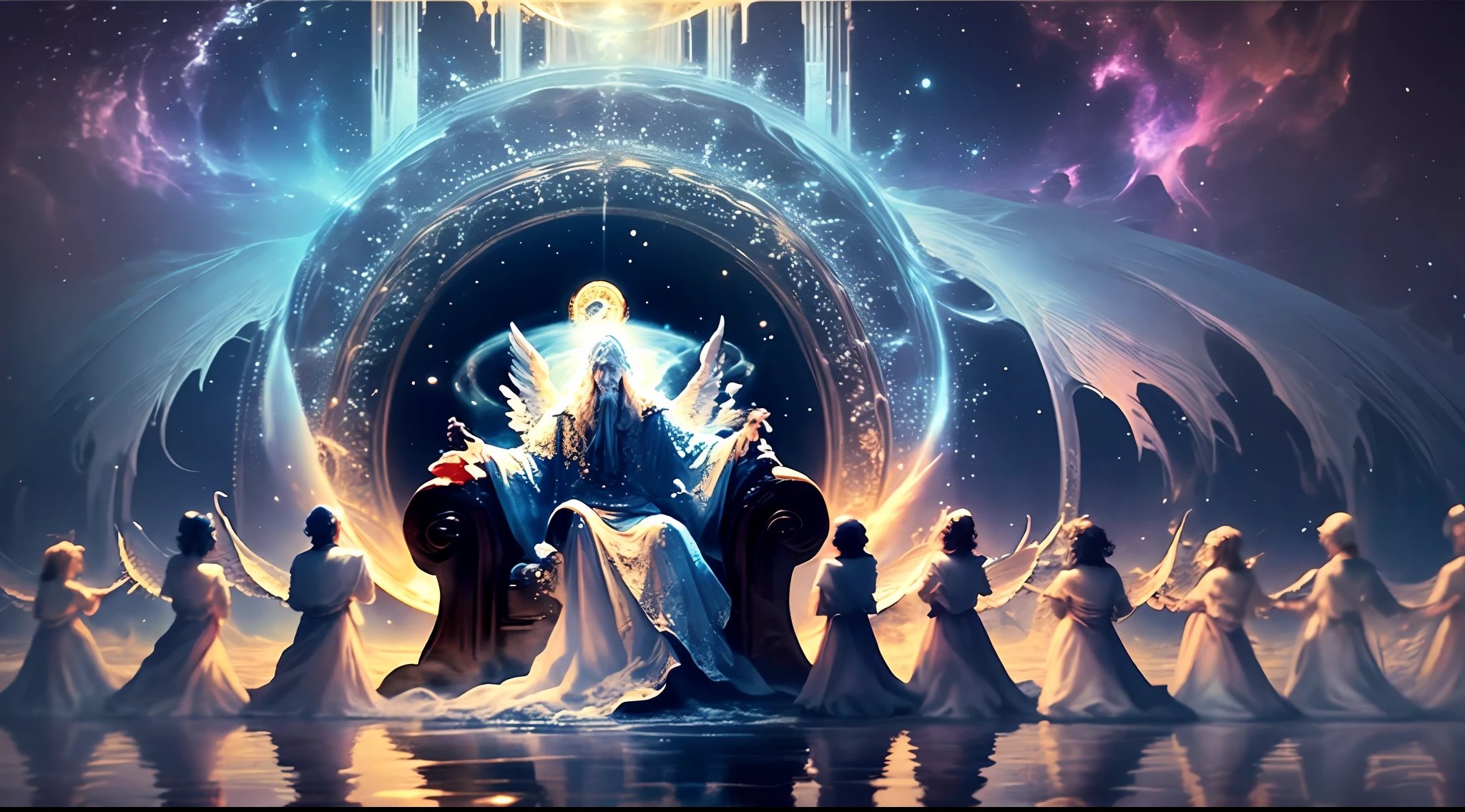Elder sitting on the throne with staff in hand and angels around him ((best quality)), ((masterpiece)), cherubs, (reality that transforms: 0.7), miraculous surreal landscape, floating islands, ethereal vortex, unbelievable fantastic creatures, quality of masterpiece, mysteries of the universe, swirl of energy, magical phenomenon