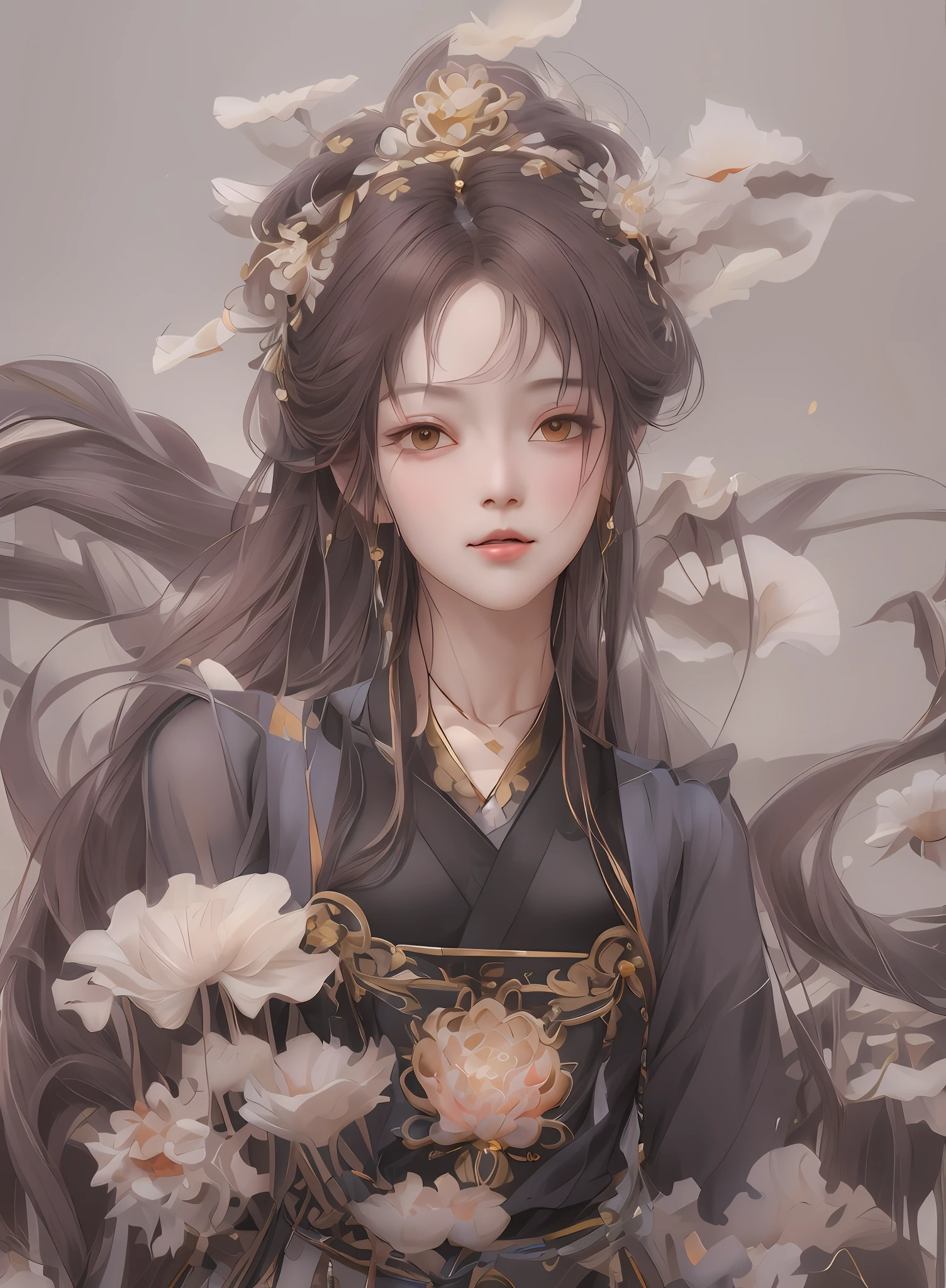 1girl, wearing hanfu, lotus leaf, best quality, master, (full body:1), highres, pretty face, hair accessories, (middle chest: 1.8) (solo:1), looking at viewer, lips, dress, heal order, necklace, jewelry, (ridiculous long hair: 1.4), earrings, hanfu, architecture, East Asian architecture, hanfu, ( Realism:1.5), Super High Resolution, Best Quality, Shameful Blush, Hair Strands, Arms Behind, (Expressive Hair:1.4) ,Perfect Body Proportions,