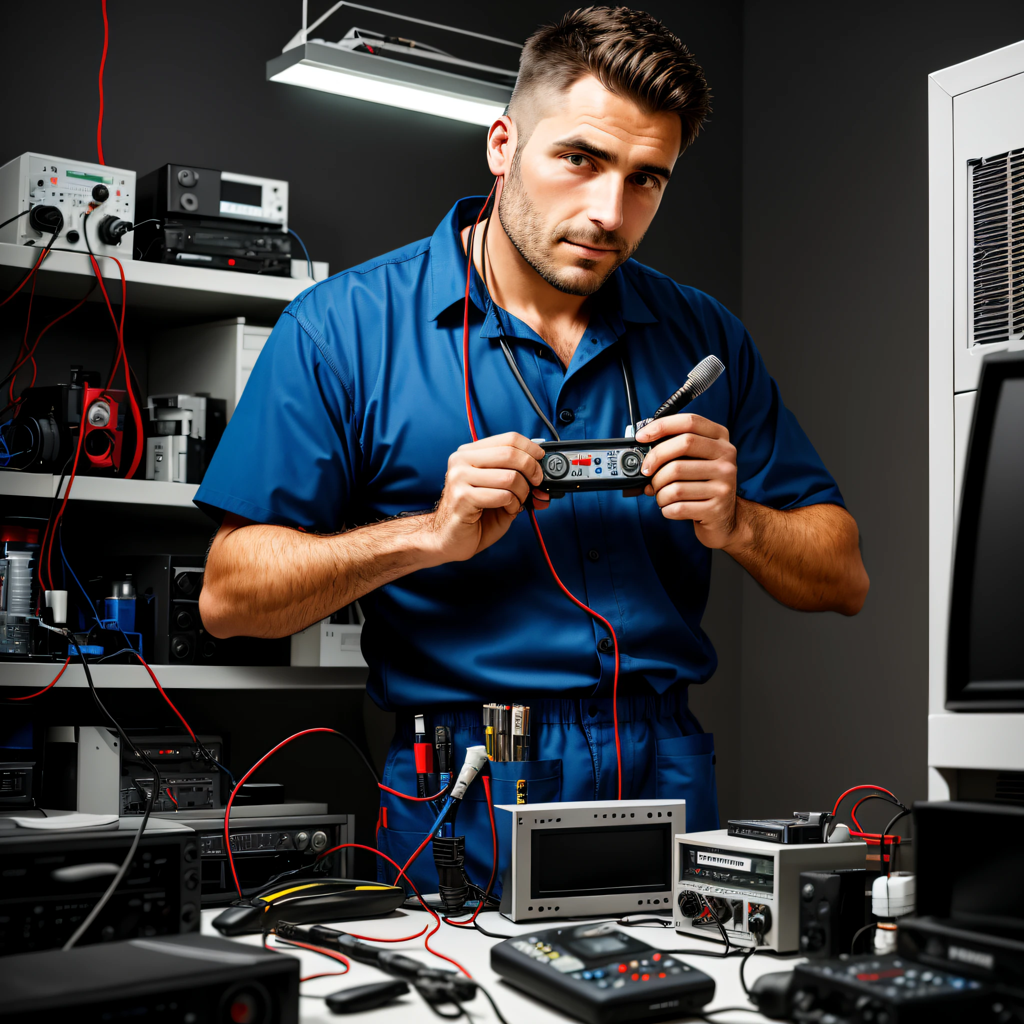 Man in TV repair technician outfit fixing a mini voice recorder