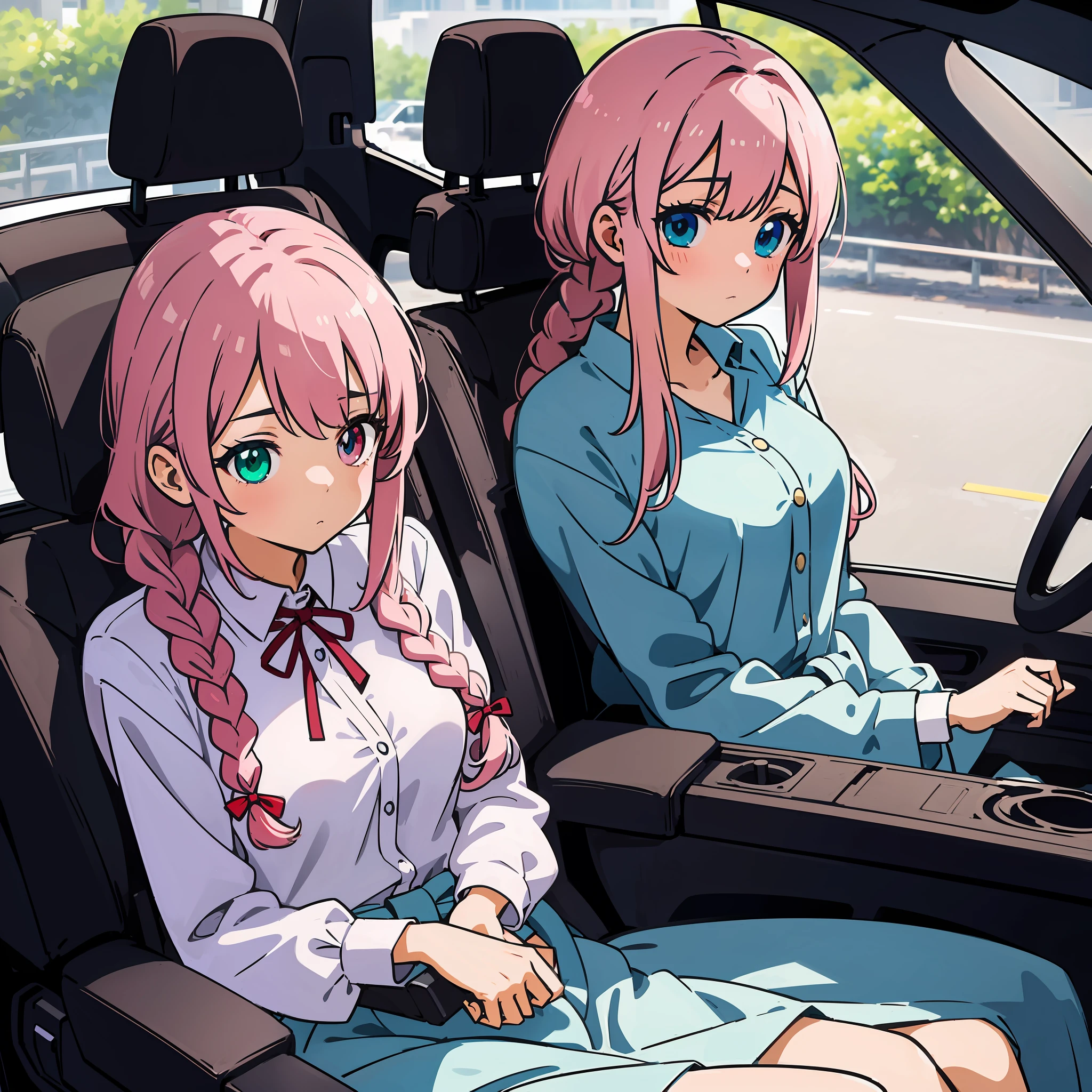 Anime illustrations in the style of "Kyoto Animation", highest quality, (cute: 1.1), (cute), (high resolution: 1.2), incredibly ridiculous: 1.3, incredibly fine illustrations, break 1 beautiful girl, Solo, (heterochromia, light blue eyes and light green eyes), silhouette of star eyes, solo, angle from above, chest up, big breasts, break, braid, light pink hair, semi-long hair, red ribbon at the end of braid, black cardigan, white blouse, blue jeans, break, in the car, Sitting in the driver's seat while driving a car