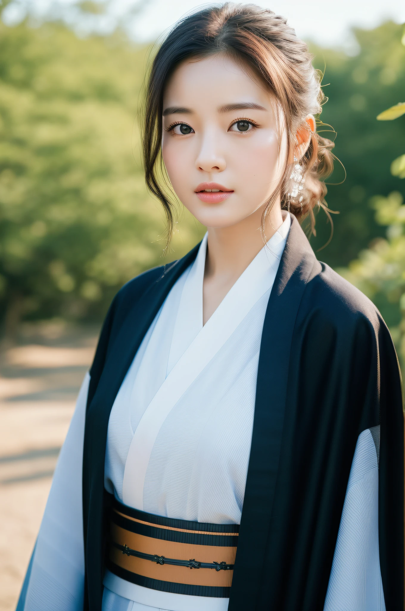 ((Best Quality, 8K, Masterpiece: 1.3)), Sharp Focus: 1.2, (Super Beautiful Face: 1.0), (Glossy Skin: 1.0), Realistic Photos, Black Hair, Realistic Pupils, Movie Lighting, Highly Detailed Eyes and Faces, Movie Lighting, (Cowboy Shot: 1.0), (Kimono, Hakama, Obi: 1.15), In Nature, (Korean Cute Actress)