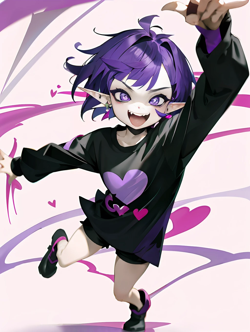 1girl, loli, solo,elf ears, heart shaped earrings, heart shaped pupils, short hair, ((purple hair)), a pink streak on the bangs, ((a gap between the teeth)), Long black t shirt, long sleeves, 
shorts with chain, full body,((fangs))