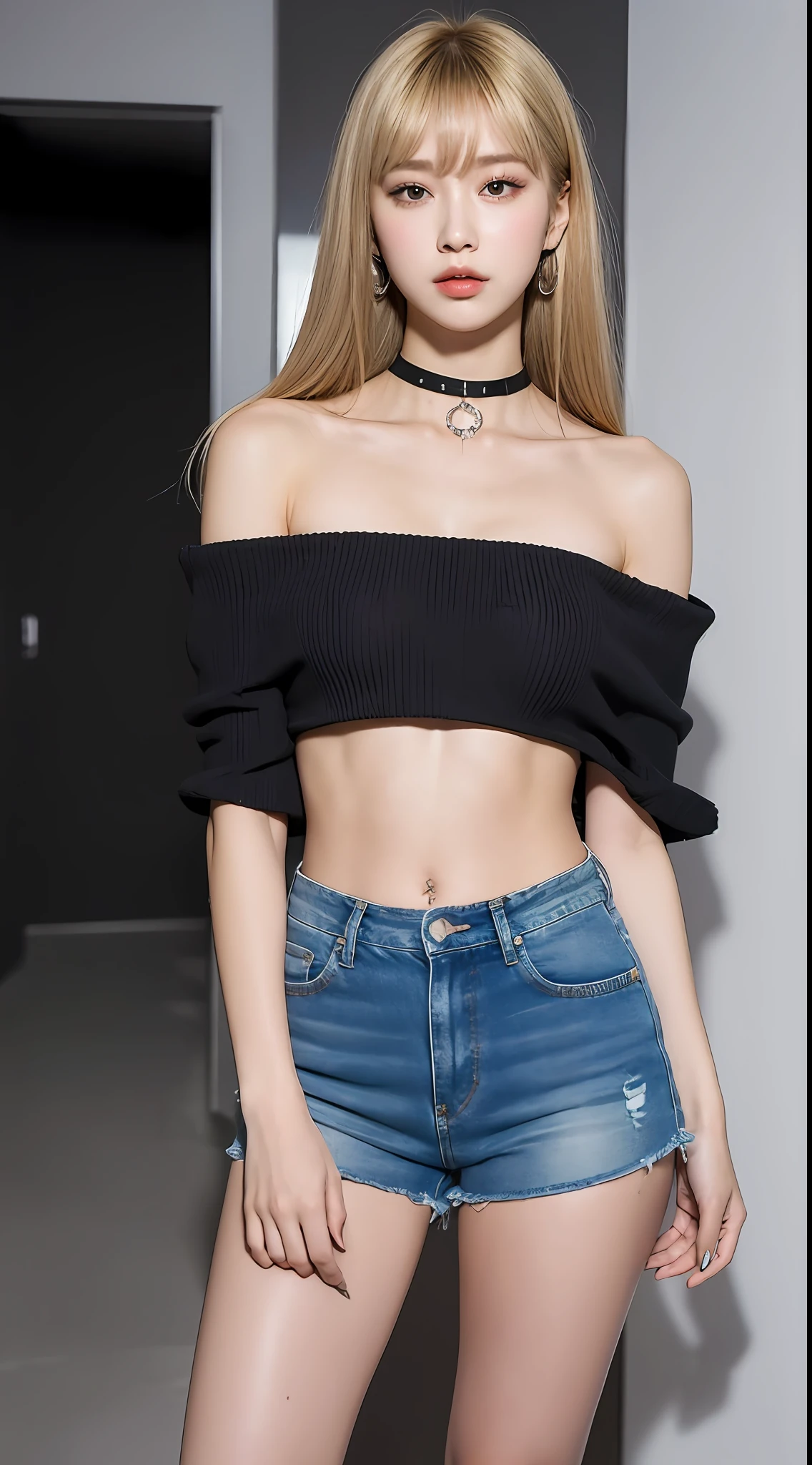 ((Night, Real Light, Top Quality, 8K, Masterpiece: 1.3)), 1 girl, Slender Figure: 1.4, Abs: 1.1, (Blonde Long Straight Hair, Beautiful: 1.3), Denim Shorts: 1.2, Off-Shoulder, White Studio, Ultra Detailed Face, Detailed Eyes, Double Eyelids, Navel Out, With Bangs, Pin Heels, Black Choker, Navel Piercing