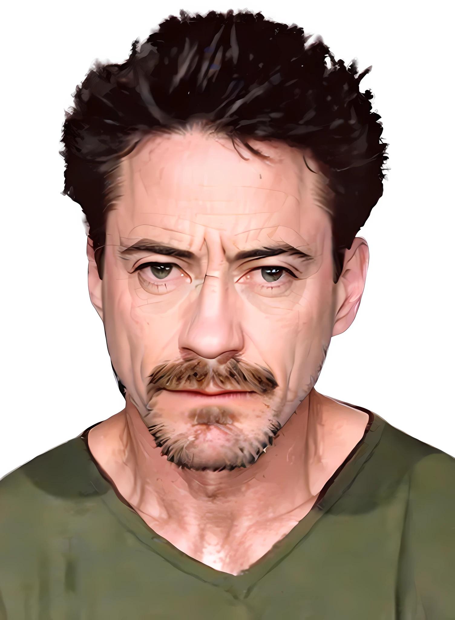 a close up of a man with a mustache and a green shirt, robert downey jr, tony stark, mugshot!!!!!, mugshot, mugshot!!!, tony sart highly detailed, mug shot, stark, in teh style of tony start, inspired by Tony Sart, criminal mugshot, ironman, concept art of tony stark, masterpice, ron, headshot photo, celebrity --auto --s2