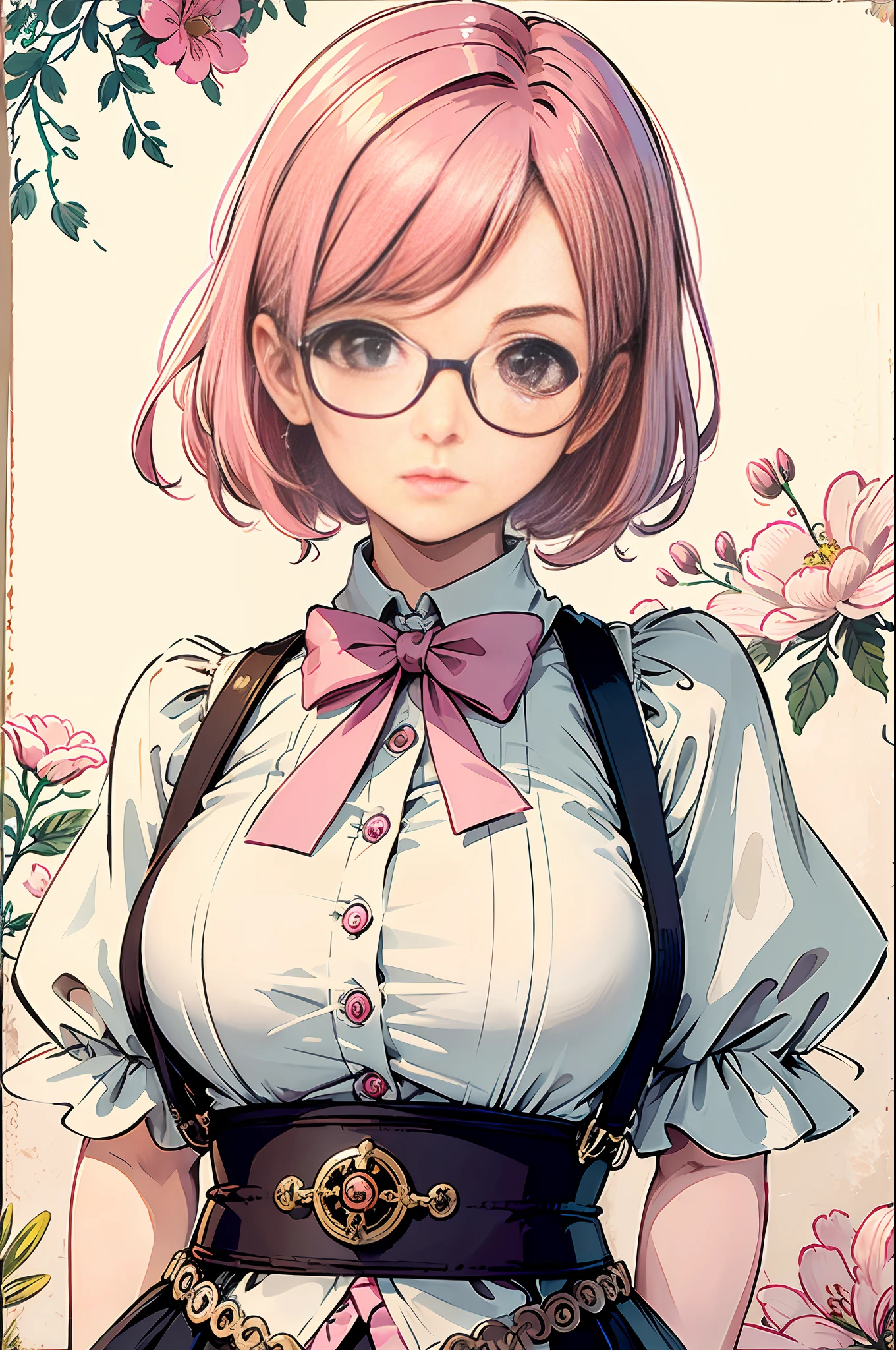 (masterpiece:1.2, best quality), (dinamic lighting) 1lady, solo, short hair, big breasts, (shiny skin:1.2), upper body, monocle, glasses, modern, wavy pink hair,Suspenders, flower on ear, harajuku style, hair pin, ,ahoge