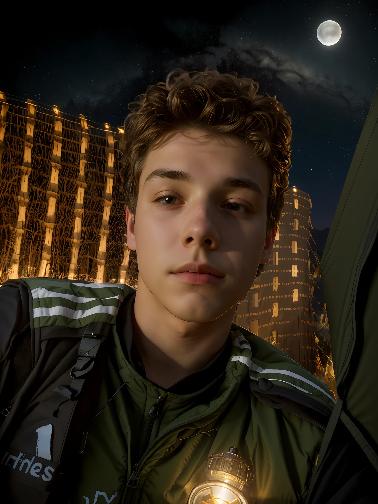 1 teen boy 16 years ((upper body selfie, happy)), masterpiece, best quality, ultra-detailed, solo, outdoor, (night), mountains, nature, (stars, moon) cheerful, happy, backpack, sleeping bag, camping stove, water bottle, mountain boots, gloves, sweater, hat, lantern, forest, stones, river, wood, smoke, shadows, contrast, clear sky, style, (warm hue, warm tone)