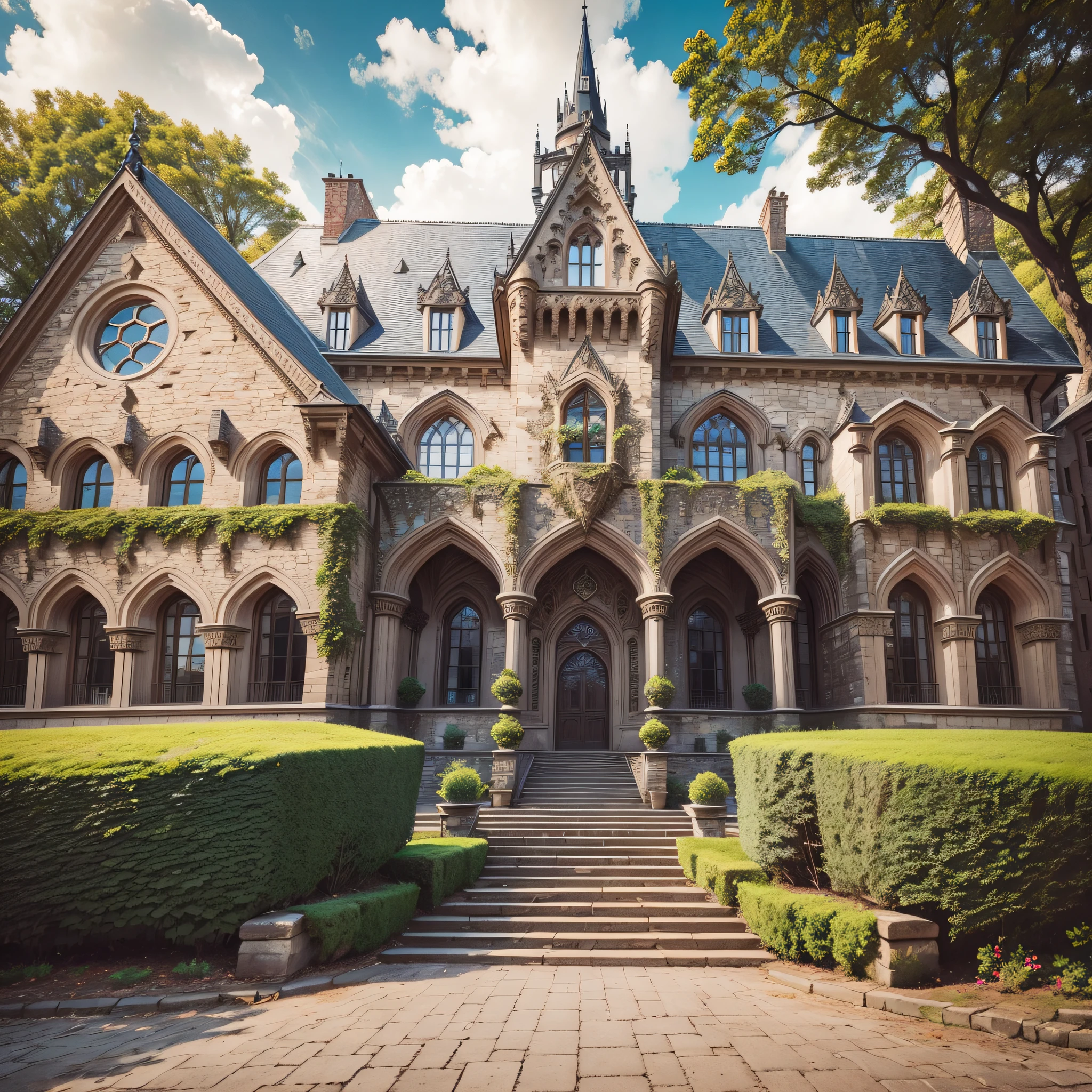 The castle boasts a majestic facade adorned with intricate stonework and towering turrets that reach for the sky. Its charming blend of Gothic and Renaissance influences creates a captivating sight for visitors. As you approach the entrance, you're greeted by a majestic gate, embellished with ornate carvings and wrought iron detailing. --auto --s2