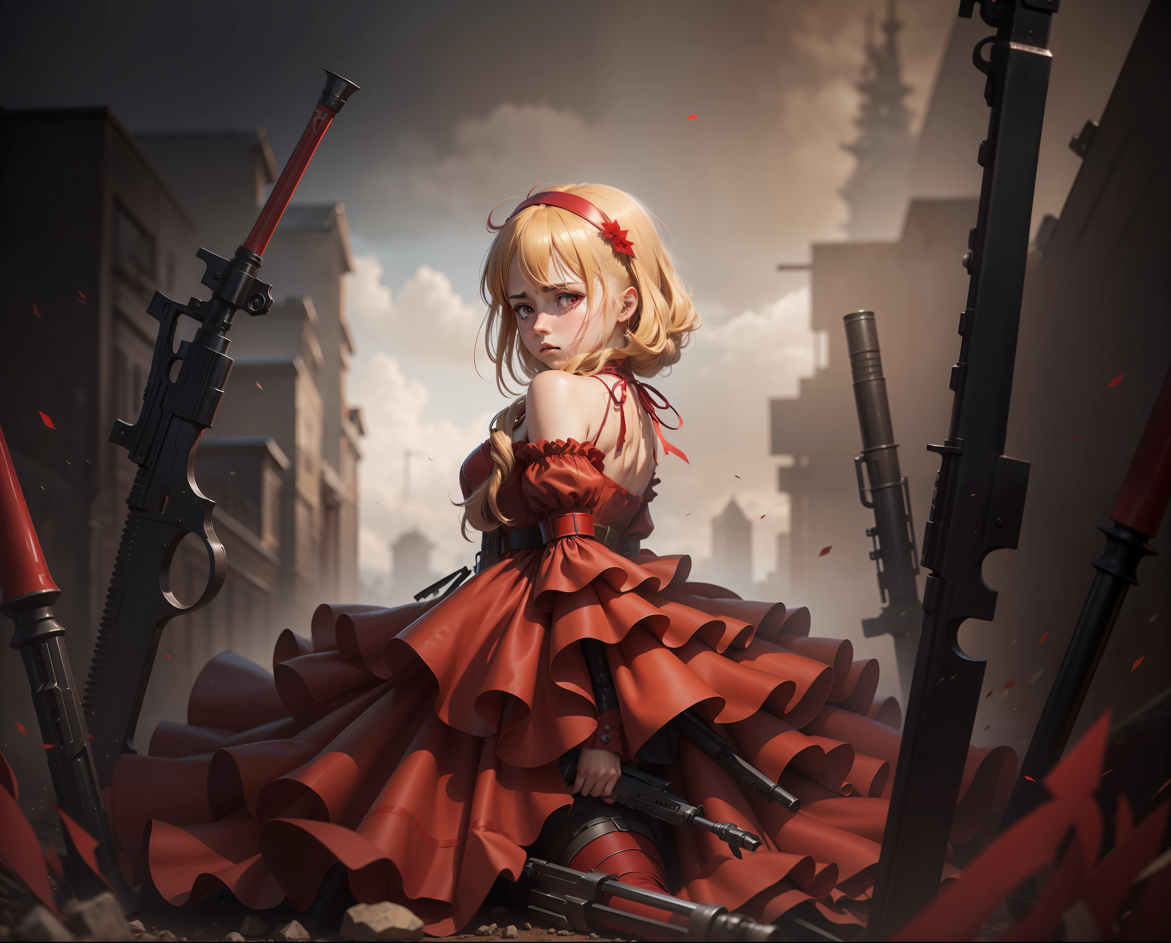 Tanya degurechaff, anime, cinematic, ovra prima, vignette, photography, hyper realistic, realistic, war, weapons, sadness, red dress, 8K