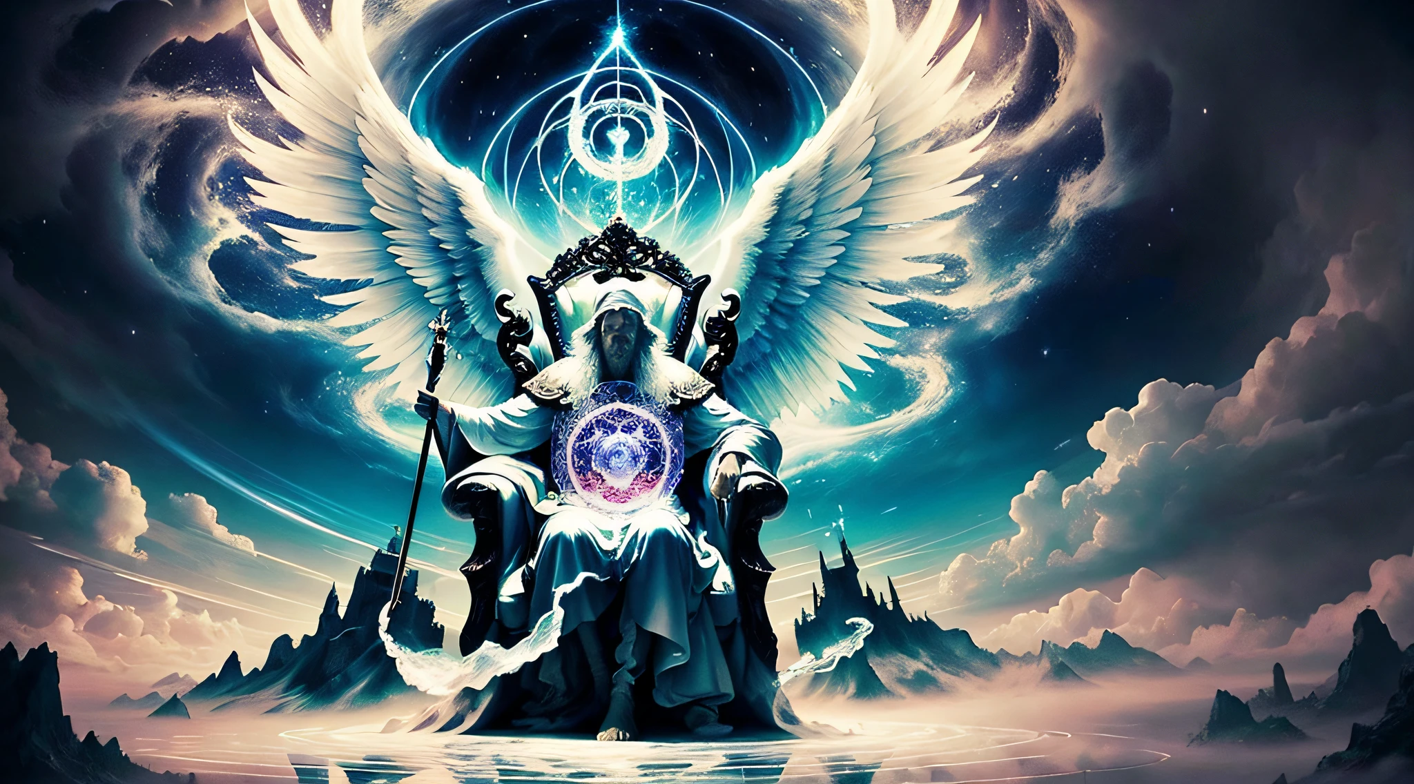 Elder sitting on the throne with staff in hand and angels around him ((best quality)), ((masterpiece)), cherubs, (reality that transforms: 0.7), miraculous surreal landscape, floating islands, ethereal vortex, unbelievable fantastic creatures, quality of masterpiece, mysteries of the universe, swirl of energy, magical phenomenon