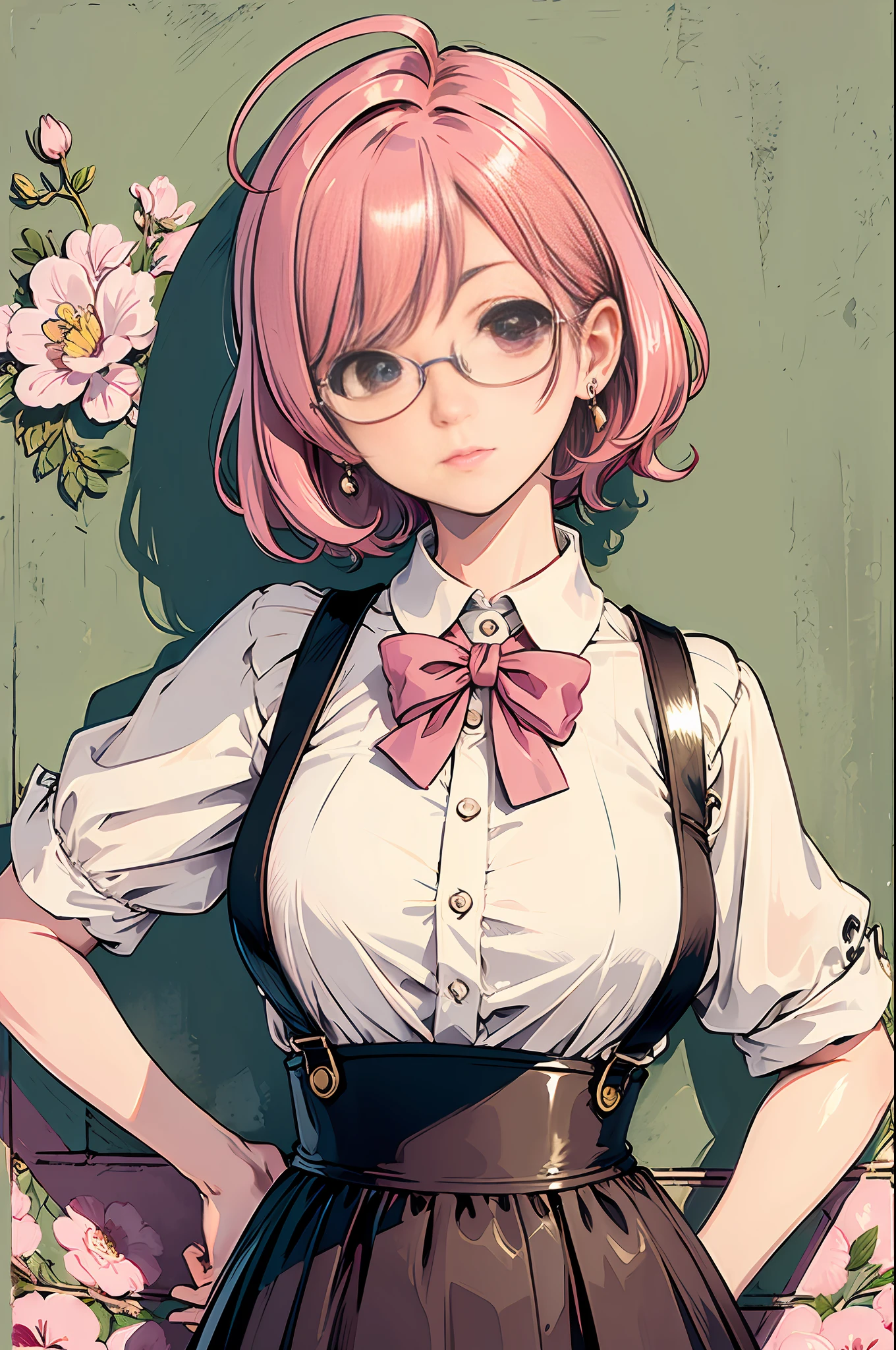 (masterpiece:1.2, best quality), (dinamic lighting) 1lady, solo, short hair, big breasts, (shiny skin:1.2), upper body, monocle, glasses, modern, wavy pink hair,Suspenders, flower on ear, harajuku style, hair pin, loli ,ahoge