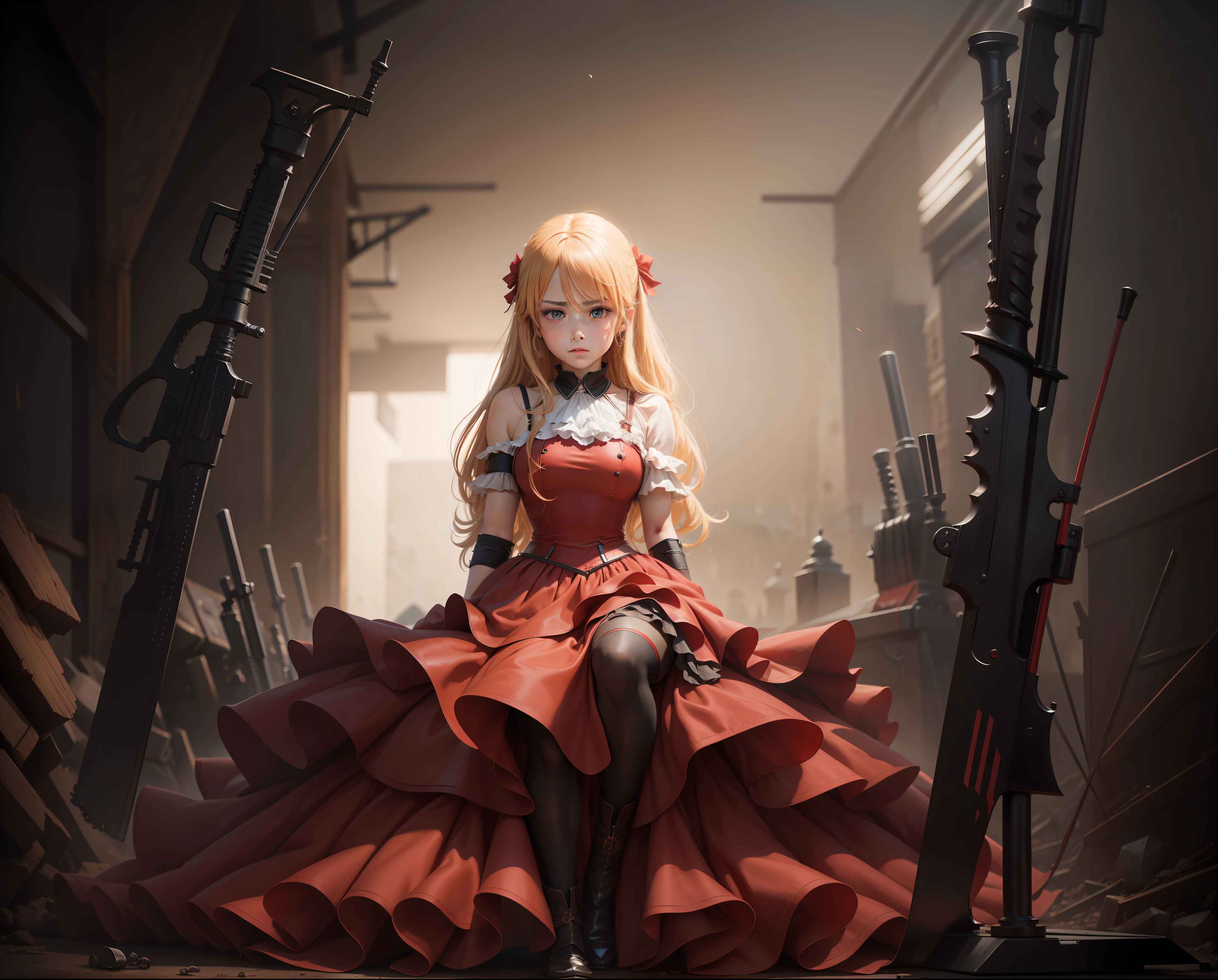 Tanya degurechaff, anime, cinematic, ovra prima, vignette, photography, hyper realistic, realistic, war, weapons, sadness, red dress, 8K